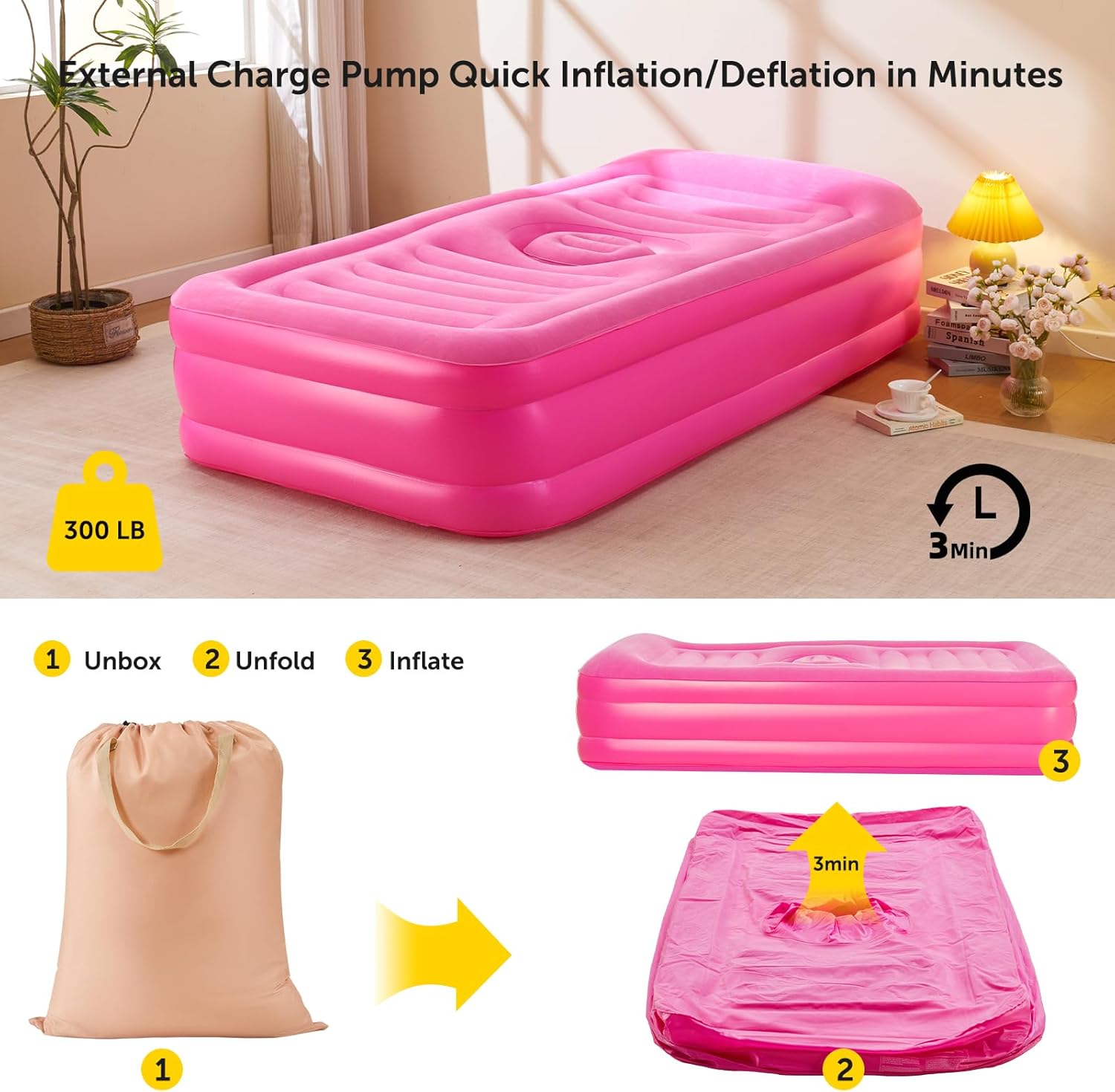 New Upgraded BBL Bed with Hole, Inflatable BBL Bed After Surgery, Brazilian Butt Lift Surgery Recovery Mattress with Carrying Bag & Air Pump,Waterproof Plant Velvet Touch Sleep-Pink (17.71 * 14.17In)