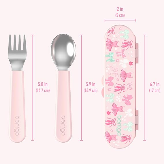 Bentgo Kids Stainless Steel Utensil Set - Reusable Fork, Spoon & Storage Case, PFAS- & BPA-Free, Easy-Grip Handles, Lightweight, Dishwasher Safe, School Lunch, Travel & Outdoors (NEW Ballet and Bows)