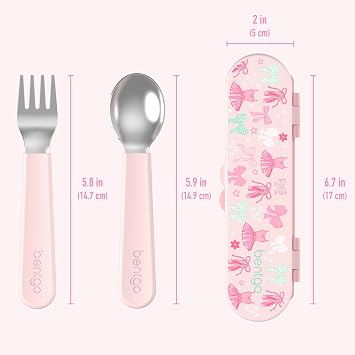 Bentgo Kids Stainless Steel Utensil Set - Reusable Fork, Spoon & Storage Case, PFAS- & BPA-Free, Easy-Grip Handles, Lightweight, Dishwasher Safe, School Lunch, Travel & Outdoors (NEW Ballet and Bows)