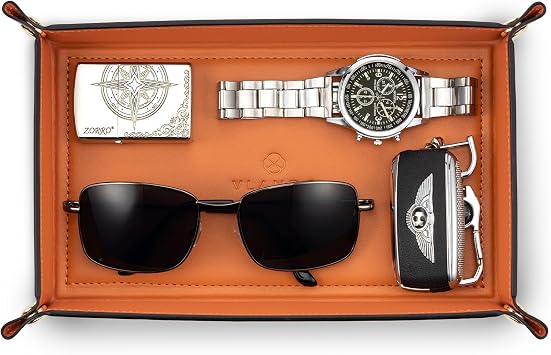 VLANDO Valet Tray, Foldable PU Leather Catchall Tray, Orange Black
