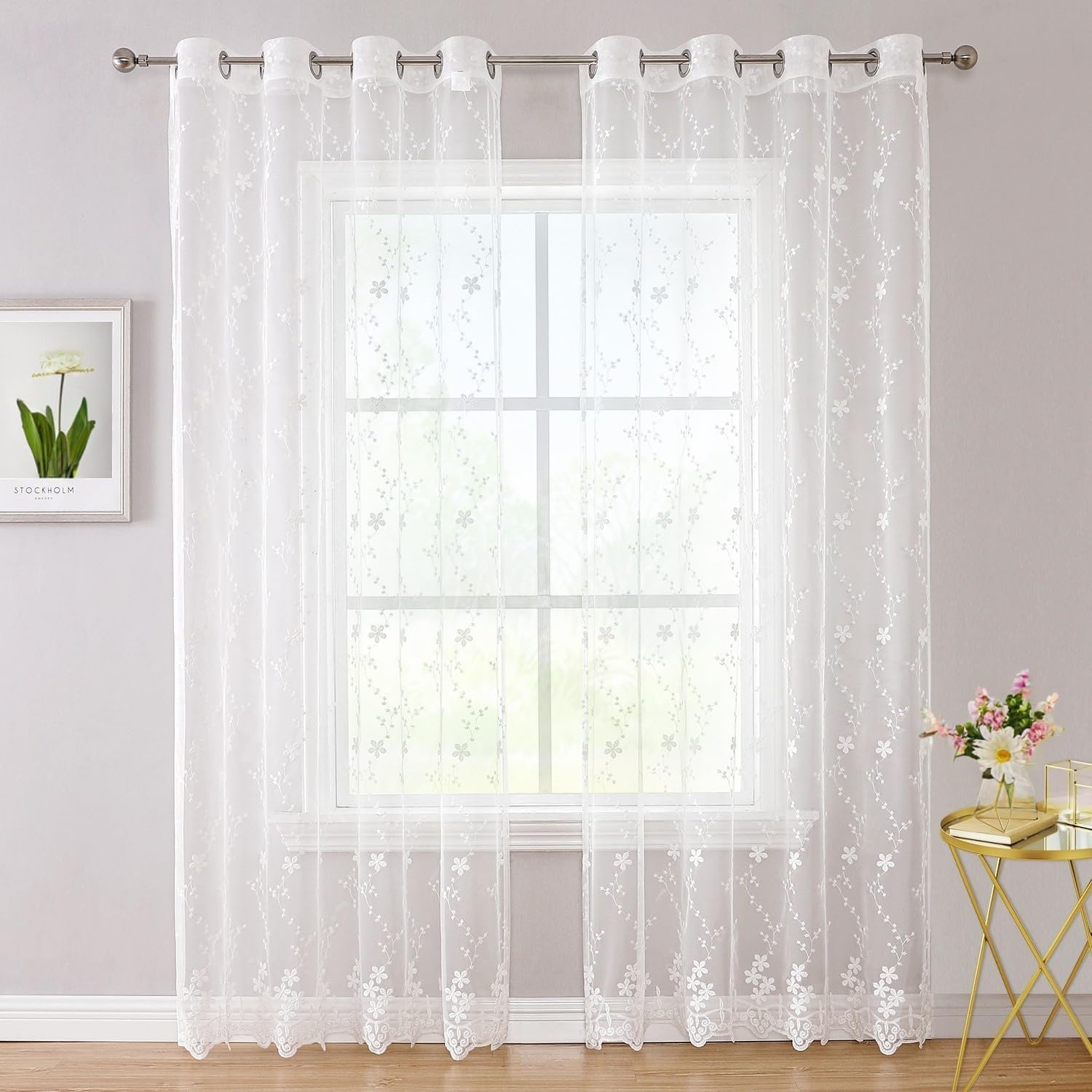 WUBODTI Luxury White Lace Curtains 96 Inches Long 2 Panels for Living Room, Cute Vine Floral Embroidered Sheer Curtain Grommet White Elegant Tulle Curtain Drapes for Bedroom, Girls Room Decor