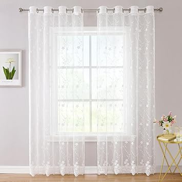 WUBODTI White Sheer Lace Curtains 72 Inches Long 2 Panels for Living Room, Luxury Vine Floral Embroidered Grommet Sheer Curtain White Elegant Tulle Curtain Drapes for Bedroom, Girls Room Decor