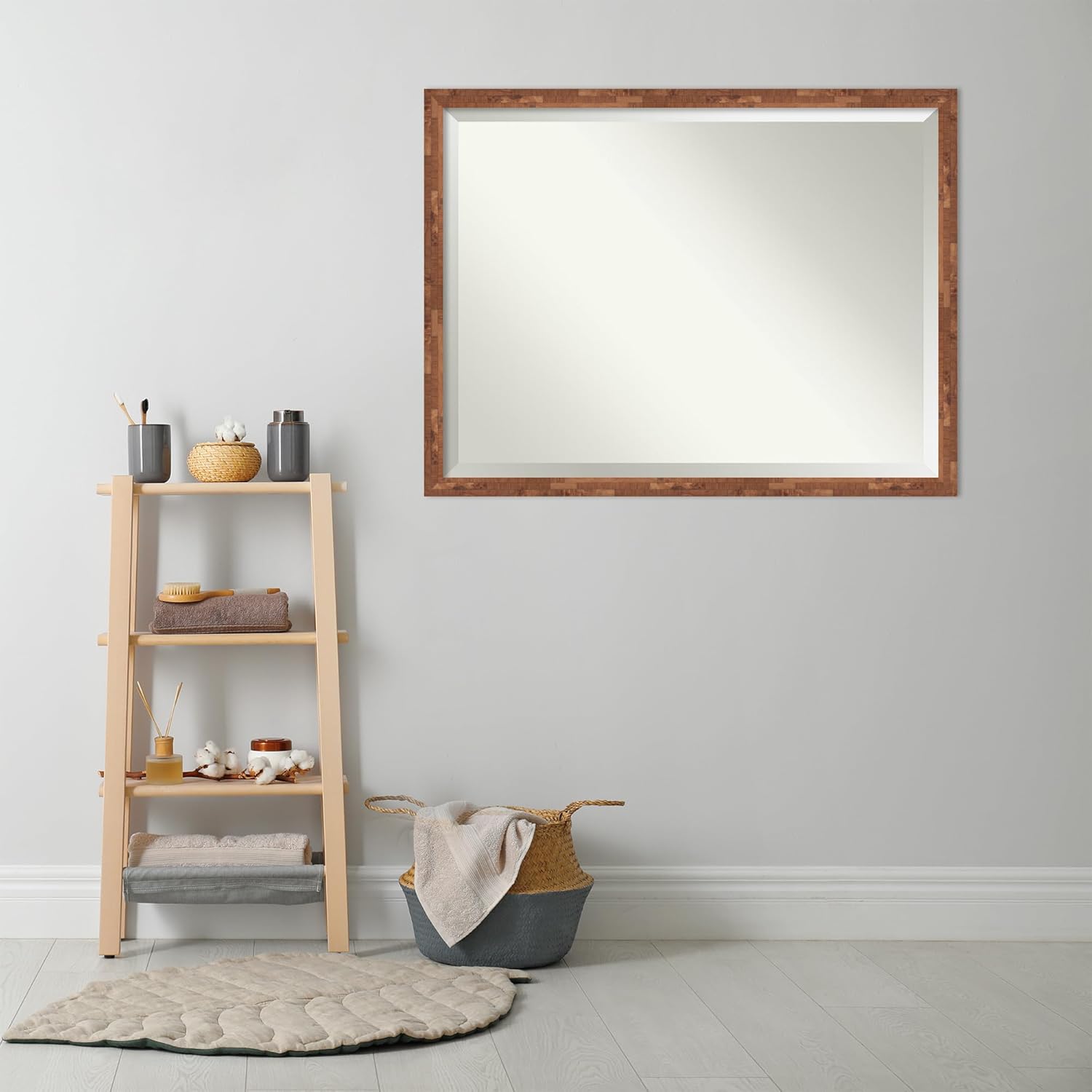 Amanti Art Brown Bathroom Mirror for Over Sink, 33x43 Fresco Light Pecan Rectangle Vanity Mirror, X-Large Country Rustic Wood Frame, Hangs Horizonally and Vertically, Bathroom Wall Decor, Beveled Edge