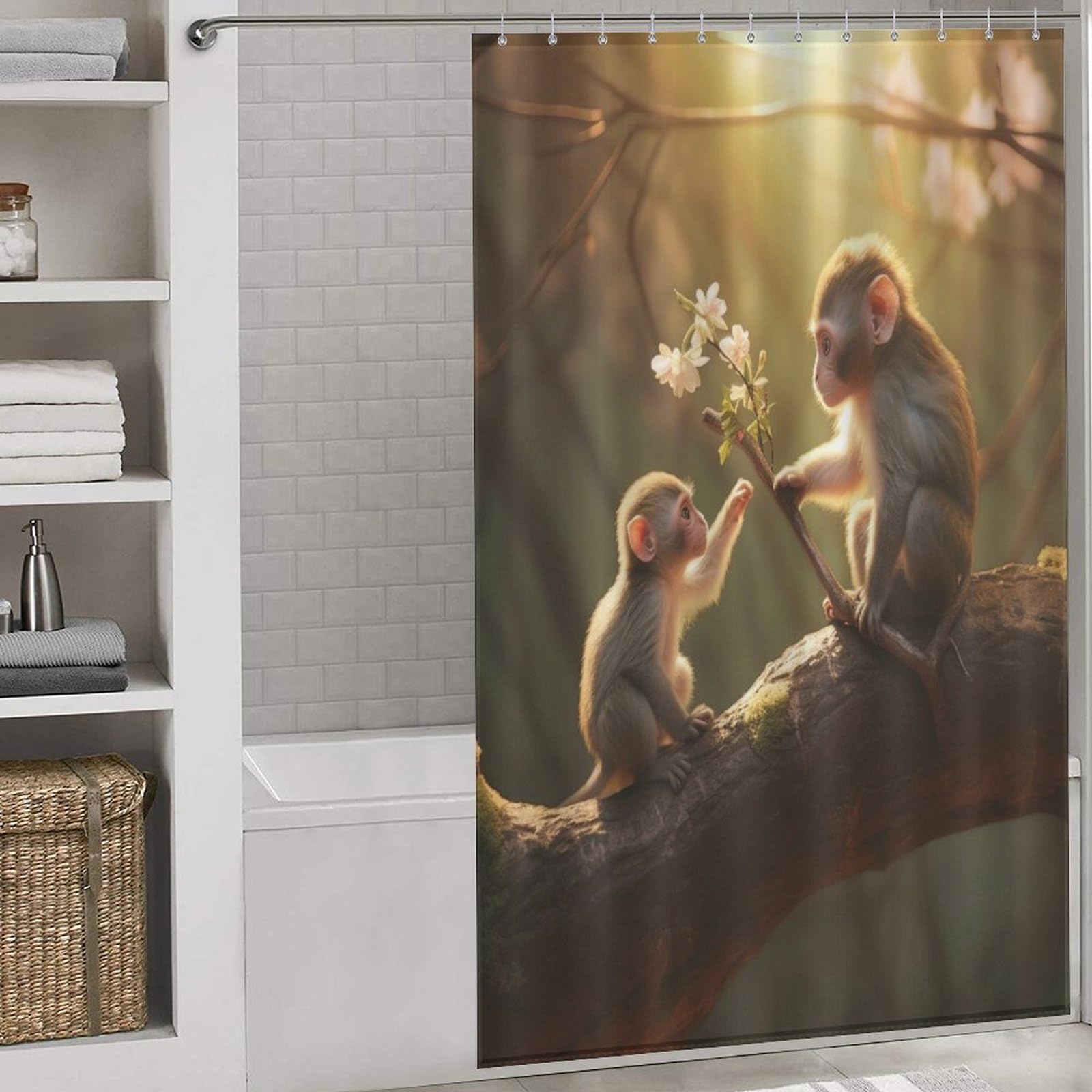 Rideau de douche singe en tissu imperméable et lavable 140x183cm