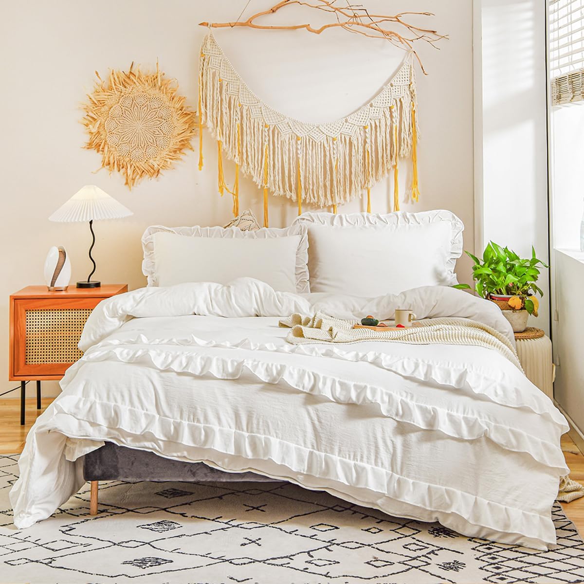 White Ruffle Duvet Cover Queen 3Pcs Shabby Chic Farmhouse Bedding Set Girls Soft 100% Washed Microfiber Duvet Cover Set Boho Vintage Ruffled Bedding with 2 Pillowcases(No Comforter) - Image 2