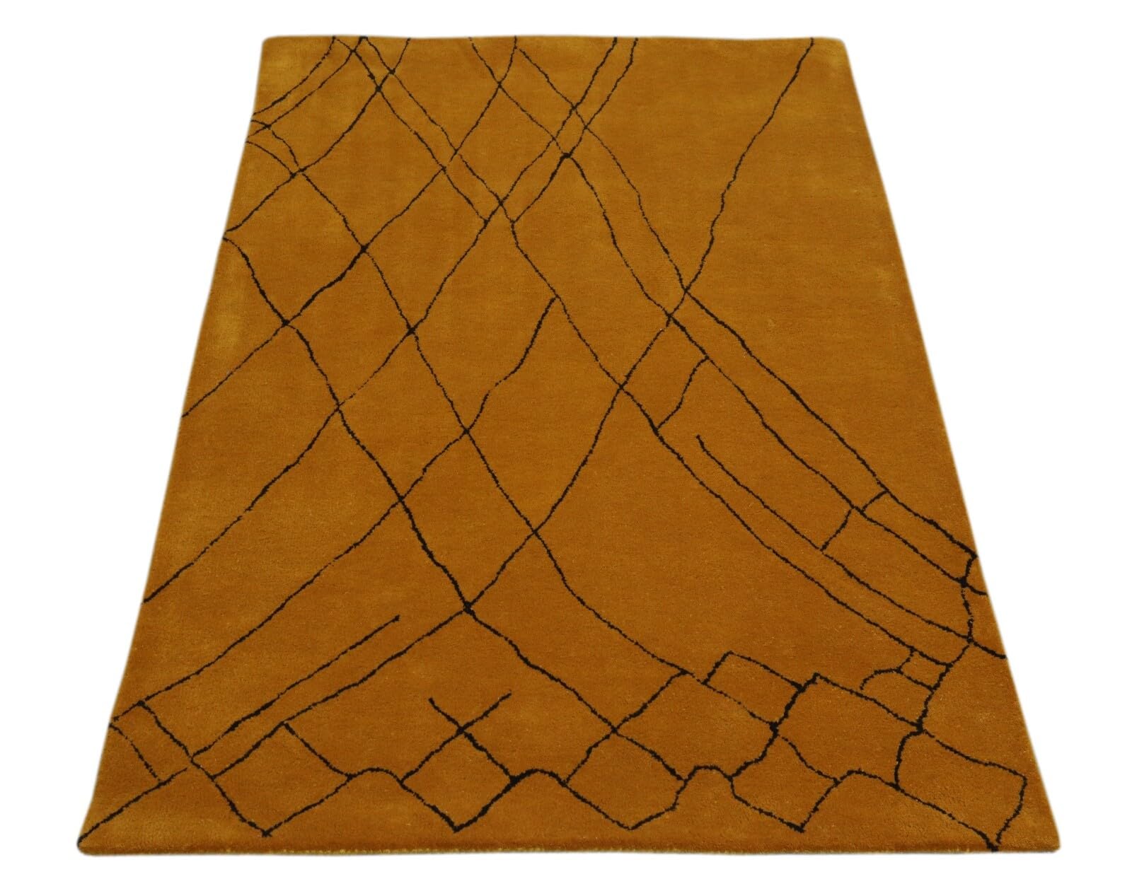 HT308 Tapis en laine 120 x 180 cm Jaune moutarde Noir Moderne Lignes Tapis touffeté à la main