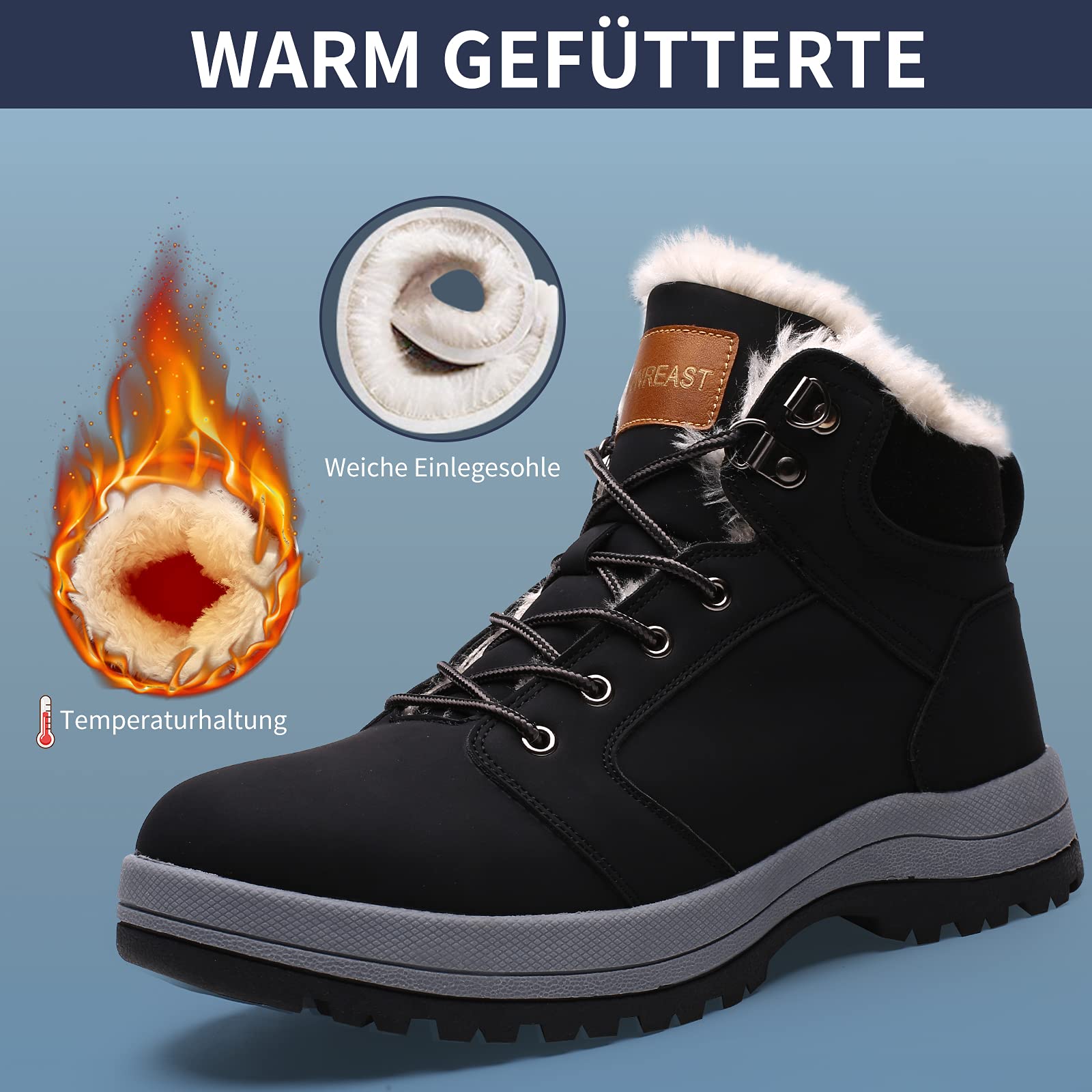 visionreast Ciepłe buty zimowe z podszewką, unisex, wodoszczelne, buty trekkingowe, buty zimowe, dla mężczyzn i kobiet, antypoślizgowe, sznurowane, do aktywności na świeżym powietrzu