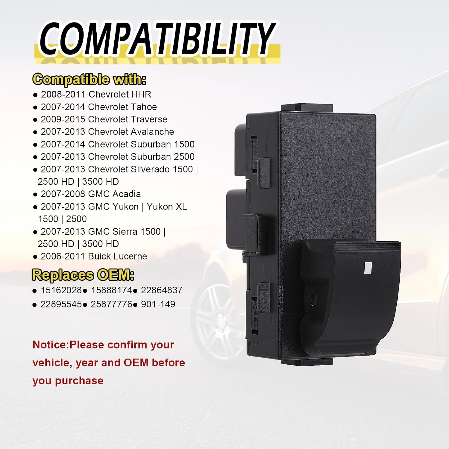 Vurkcy 2 Pcs Passenger Power Window Switch Control Button, Fit for 2008-2011 Chevy HHR/ 2007-2013 Chevrolet Suburban/Silverado/GMC Sierra/Yukon/Buick Lucerne, Replaces 22895545 25877776