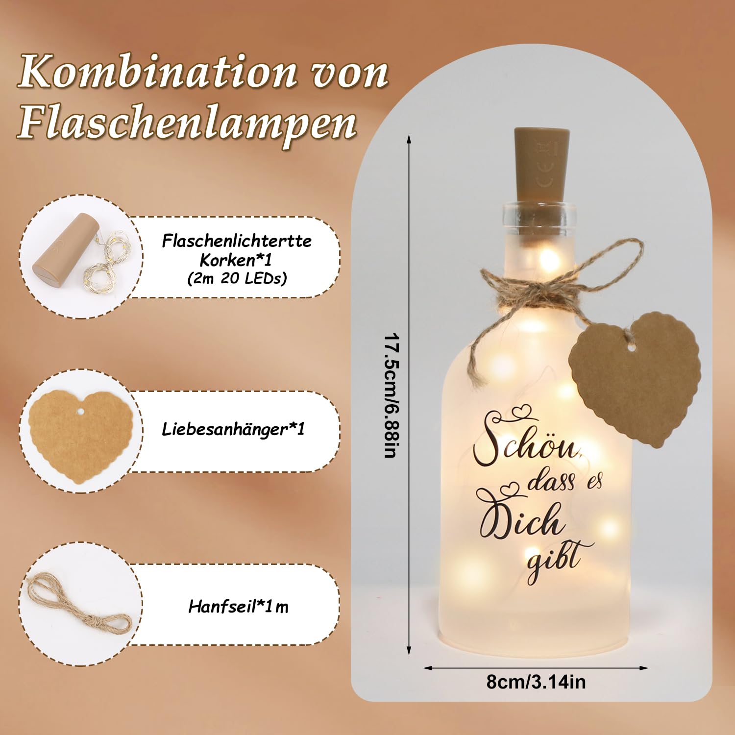 LED Flaschenlicht Mit Spruch „Schön, Dass Es Dich Gibt“ – Beleuchtete Flasche Mit Korken, 20 LEDs