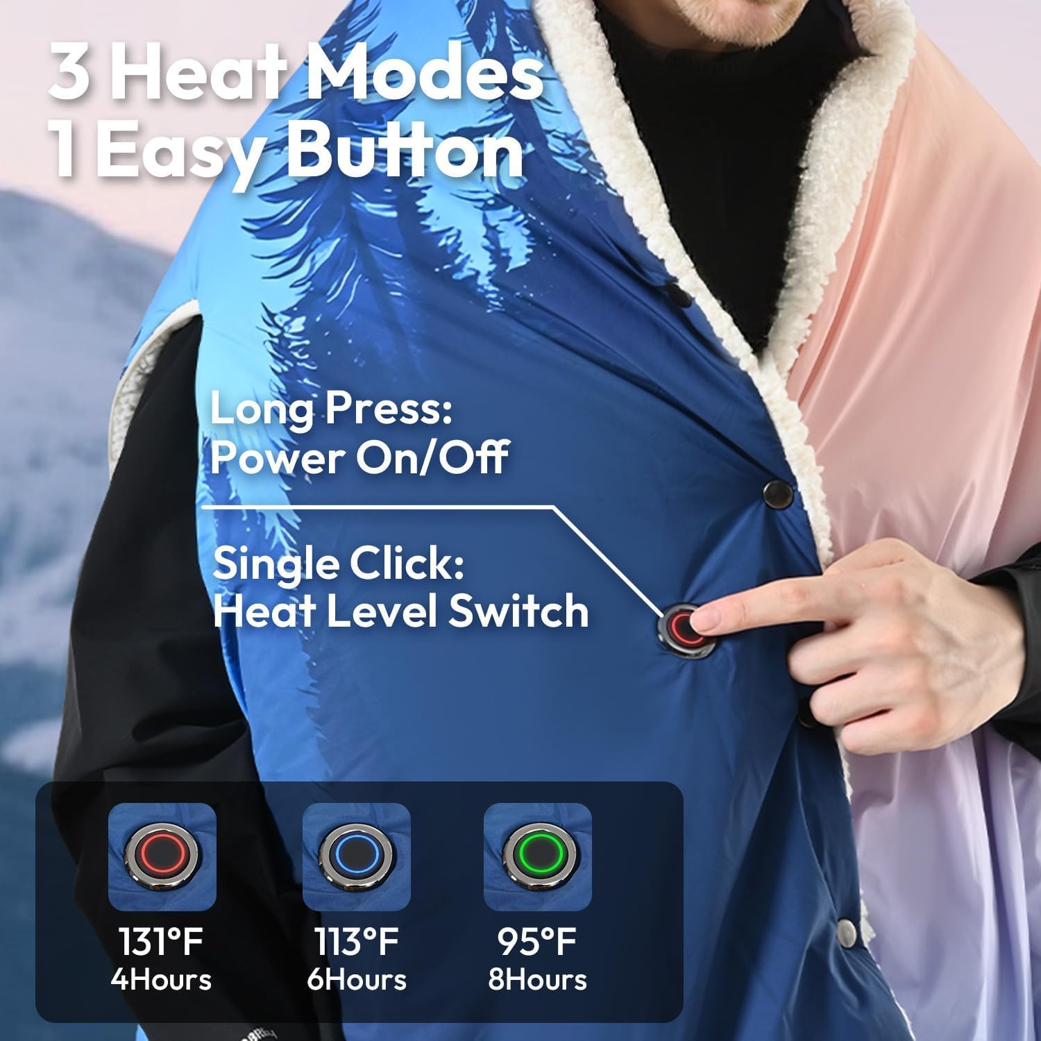 Bearhug 50” x 70” Heated Blankets Battery Operated, Cordless Wearable Heating Throw Blanket with 15000 mAh Power Bank, 3 Heating Levels USB Rechargeable Waterproof for Camping,Car,Outdoors (Peak) - Image 4