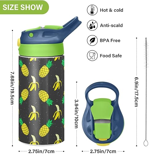 Miniatura 3 de MCHIVER Bananas Pineapples - Botella de agua para niños con popote aislado de acero inoxidable, termo para niñas y niños a prueba de fugas, 12
