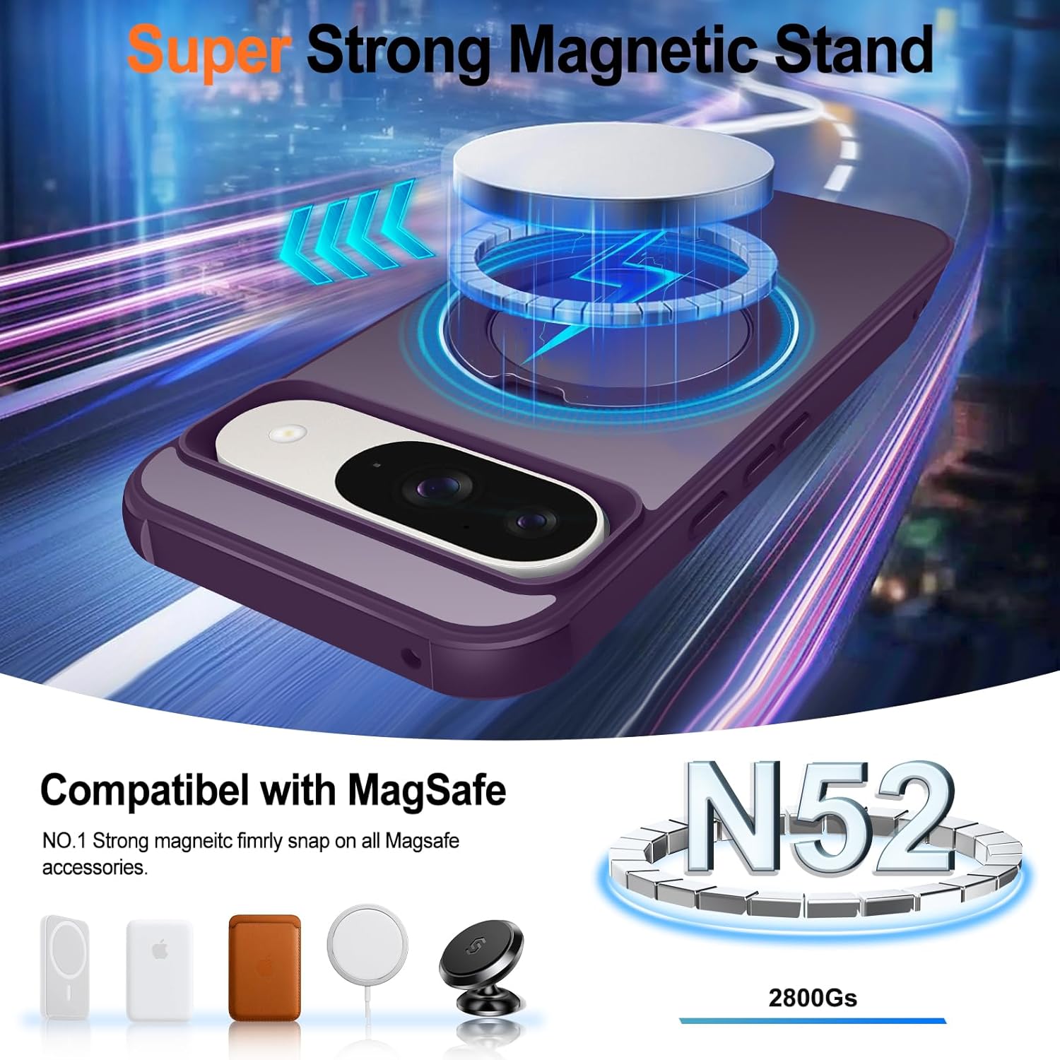 HuwaiH 360° Rotatable Magnetic Ring Stand for Google Pixel 9/9 Pro/10/10 Pro Case, Compatible with MagSafe, Military-Grade Shockproof, Anti-Scratch Matte Translucent Phone Case(Purple)