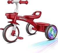 Umatoll Toddler Tricycle 18 Months-4 Years Boys Girls, Adjustable Seat Light-Up Wheels, Safe Sturdy Bike for Beginners (Red)