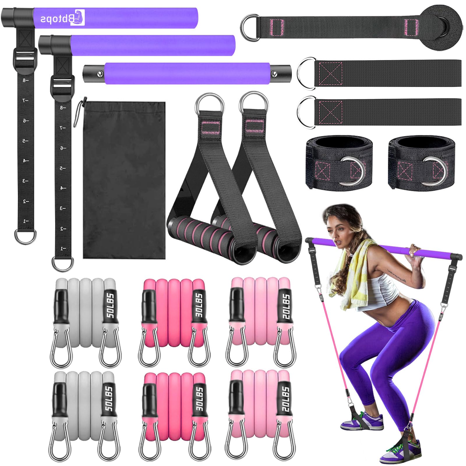Bbtops Pilates Bar Kit with Resistance Bands,Pilates Bar with Stackable Bands Workout Equipment for Legs,Hip,Waist and Arm,Exercise Fitness Equipment for Women & Men Home Gym Yoga Pilates