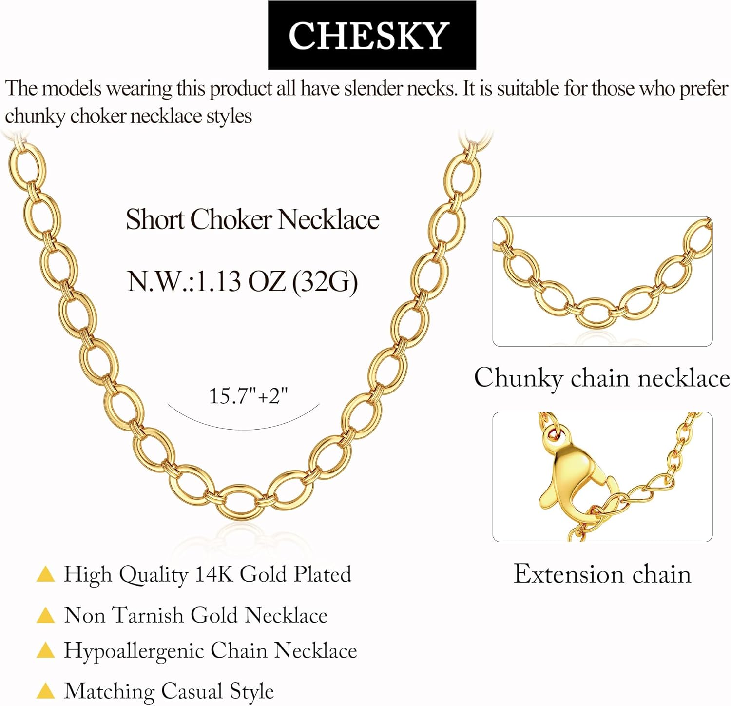 CHESKY 14K Gold Plated Chunky Necklace for Women, Trendy Paperclip Cuban Link Chain Necklace Waterproof Statement Choker Necklace Fashion Non Tarnish Jewelry - Image 6