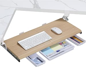 ETHU Keyboard Tray for Corner Desk - Under Desk Keyboard Shelf with C-Clamp, 26.8" x 11.8" Keyboard Tray with Soft-Close Sliding for L-Shaped Desks up to 1.57" Thick, Oak