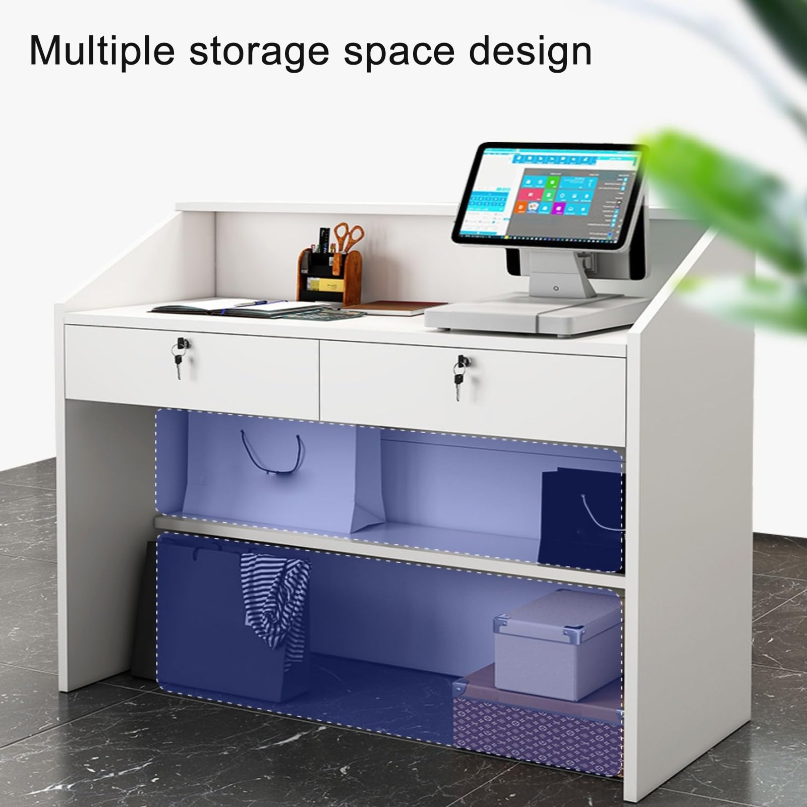 Scrivania da reception bianca con cassetto chiudibile a chiave, semplice bancone per salone, ufficio e atrio, 80 cm, in legno, design moderno per uso professionale