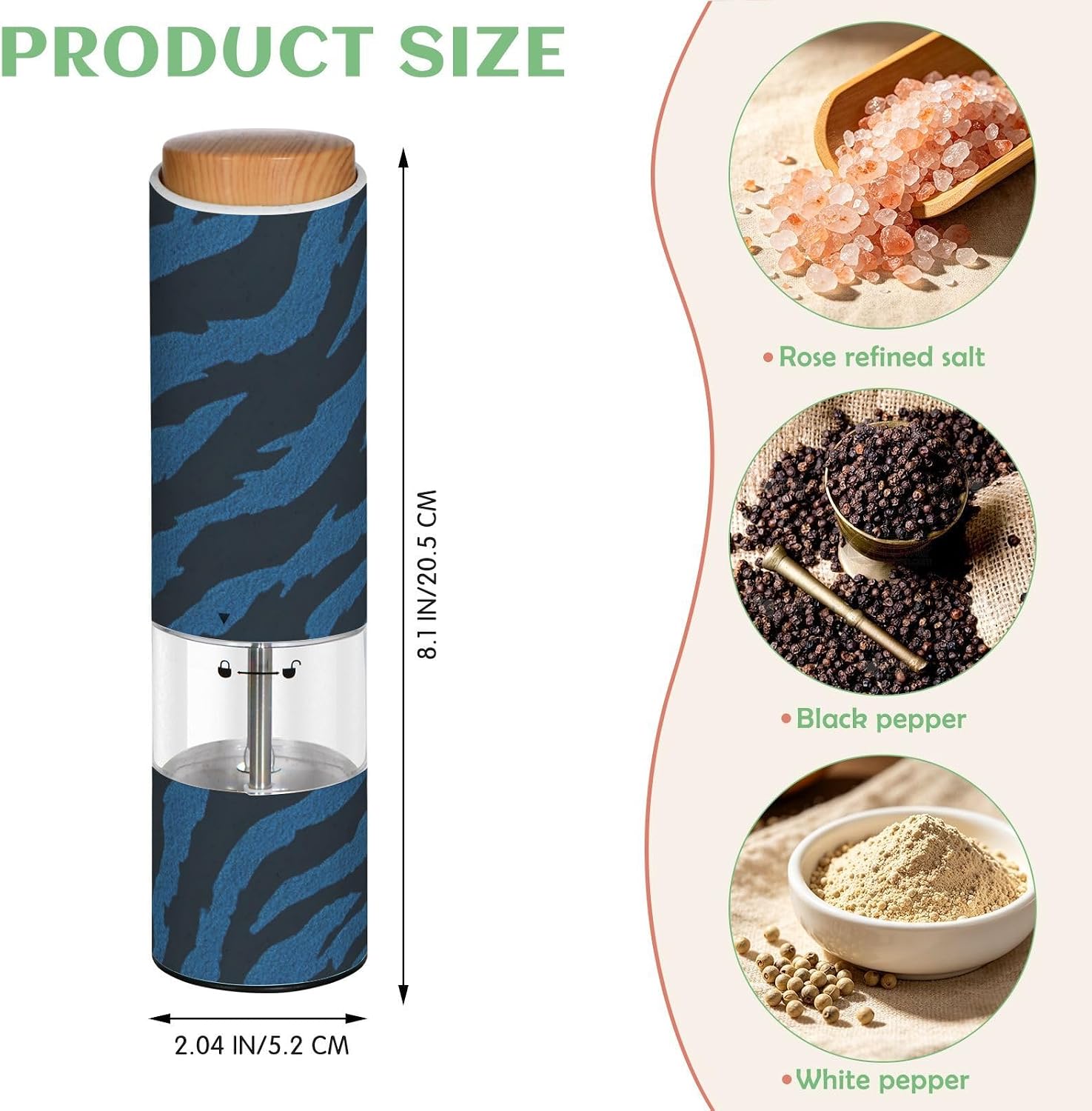 ALAZA Electric Pepper Grinder with Adjustable Coarseness, Black Blue Tiger Print Wild Animal Battery Automatic Salt and Pepper Mill with Led, One-Handed Operation Spice Grinder for Kitchen, Camping &