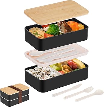 Bento Lunch Box, 1200ml Japanese Style Lunchbox with Compartments and Cutlery Set, 2 Tiers Lunch Container with Bamboo Lid for Children Adult Work School, Microwaveable Safe, Black