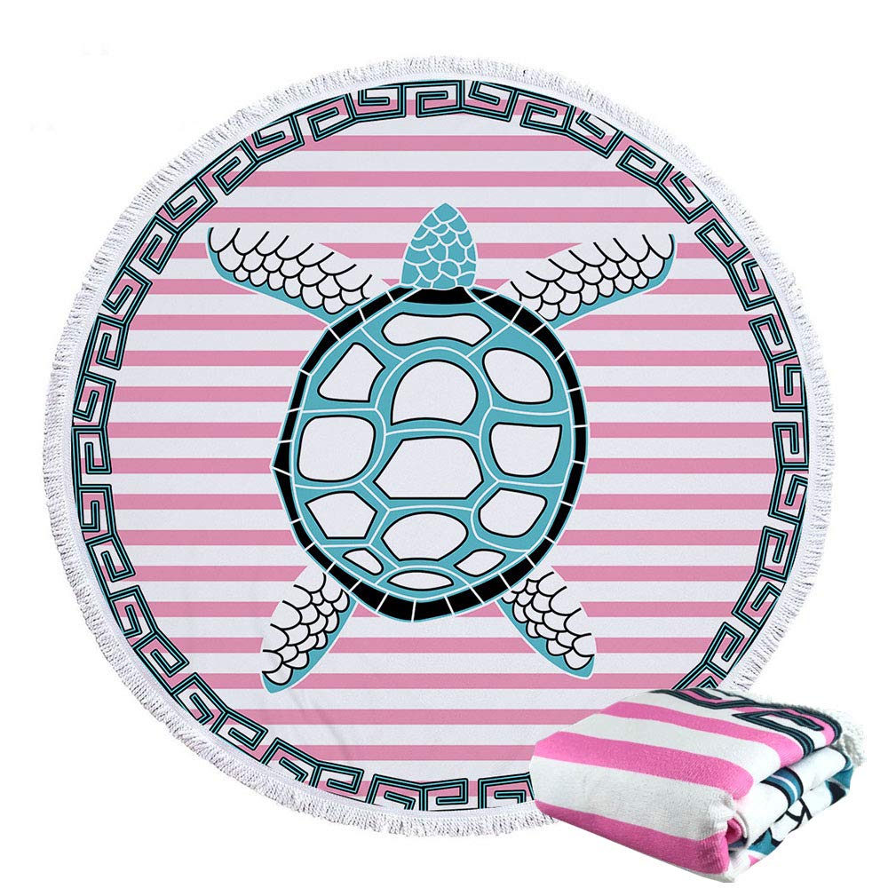IcosaMro Round Beach Towel Turtle Microfiber Beach Blanket Pink Cute Ocean Sea Turtle Large Roundie Lightweight Beach Towel for Kids Girl Women Men Boy, 59 Inches, Pink