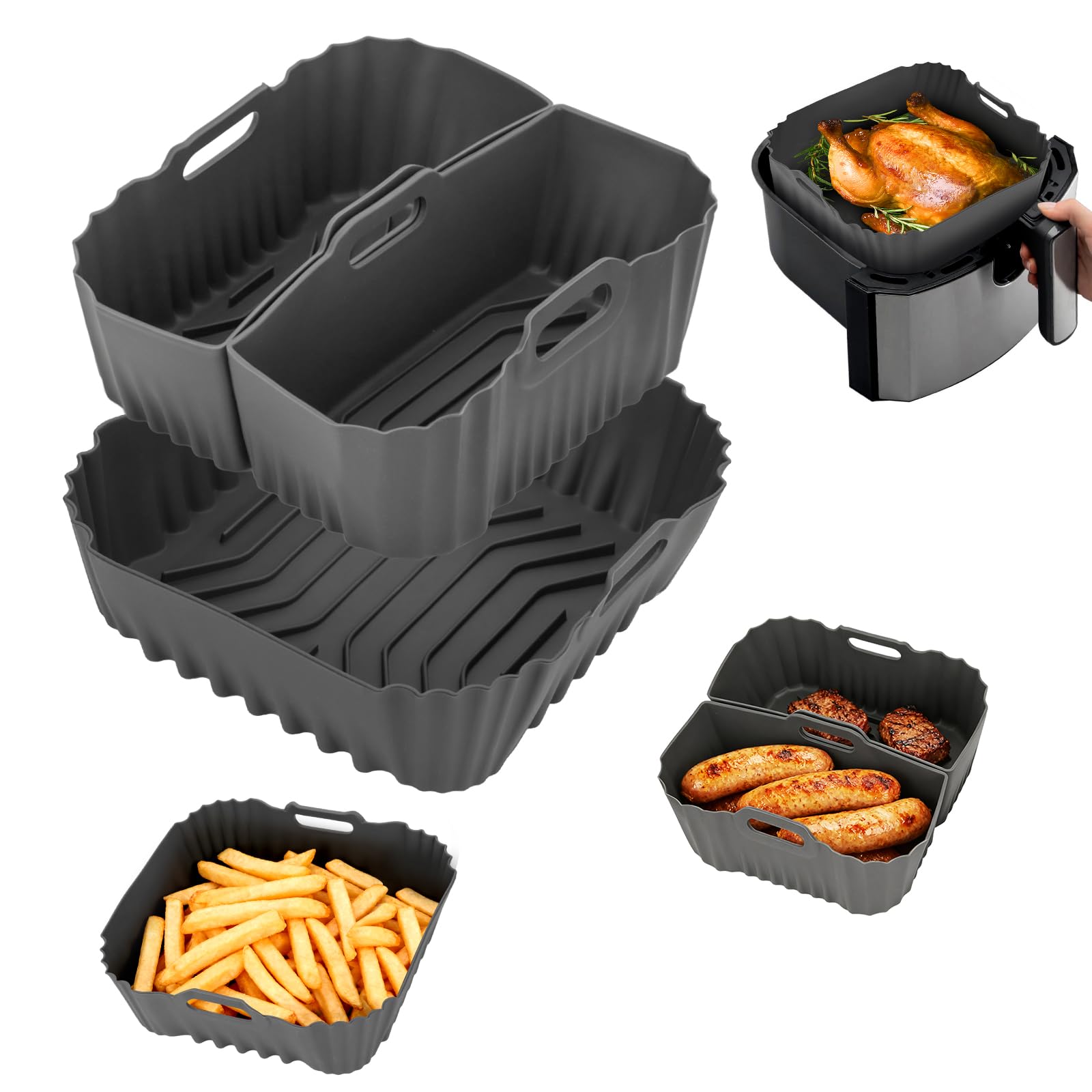 VINATO Set of 3 Silicone Air Fryer Baking Trays, Accessories with Grease Separation, Dishwasher Safe, for COSORI, Ninja, Philips, Tefal, Russell Hobbs, Grey