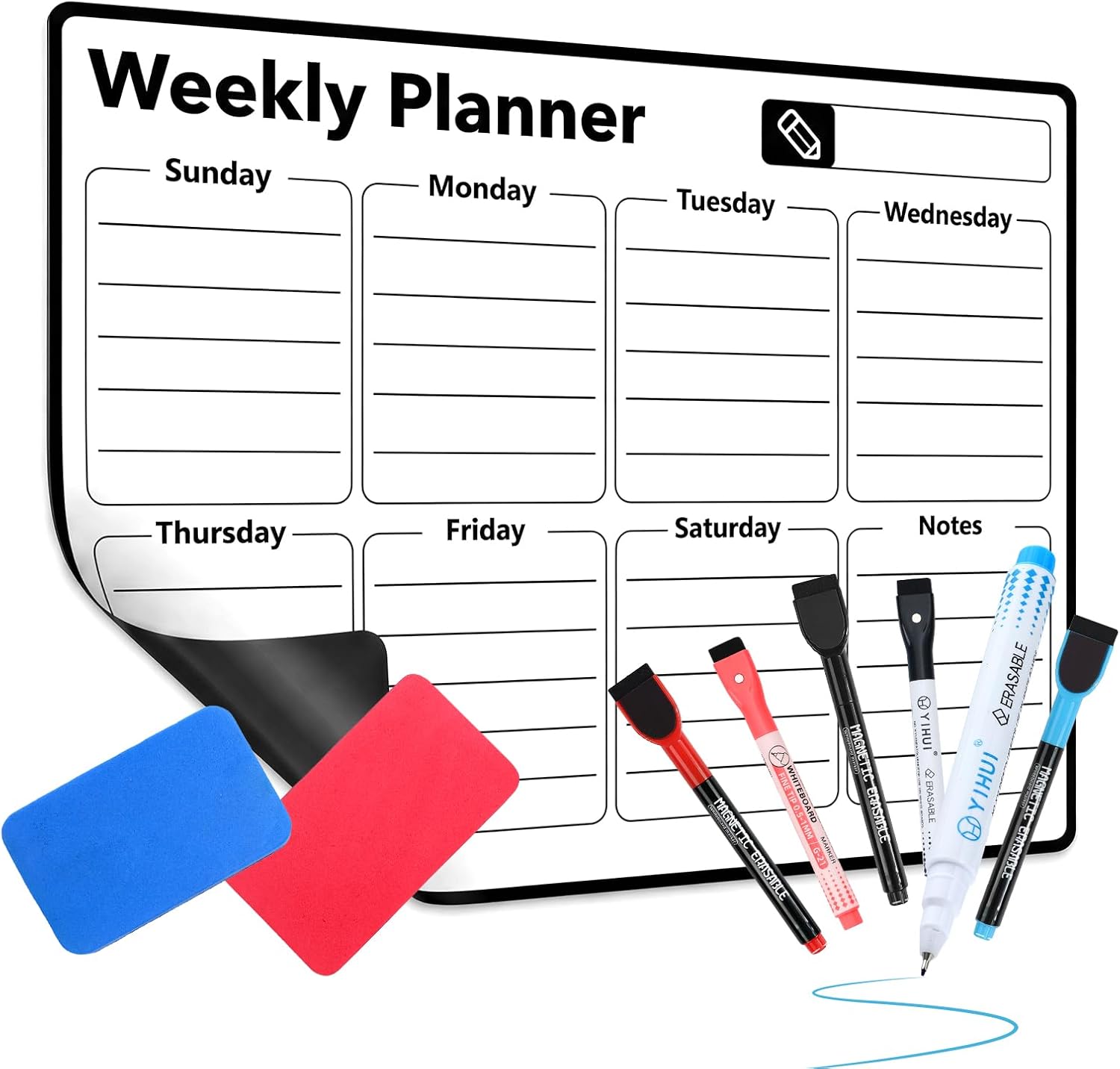 Magnetic Dry Erase Calendar for Refrigerator - 11"x8" Mini Fridge Whiteboard with 6 Markers & 2 Erasers, Weekly Planner & Family Schedule Board, Anti-Stain PET Surface, Sunday Start