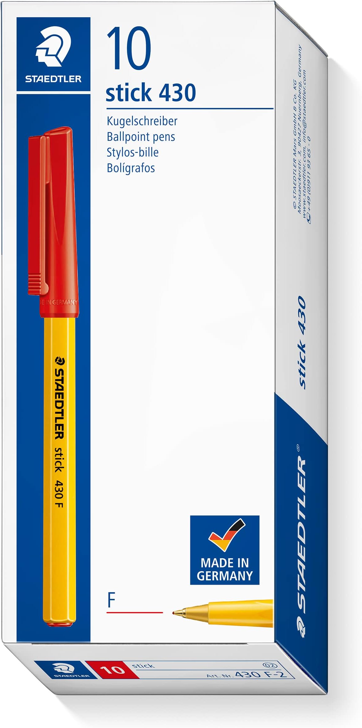 STAEDTLER Stick 430 F-2 Ballpoint Pen Fine Tip - Red (Box of 10)