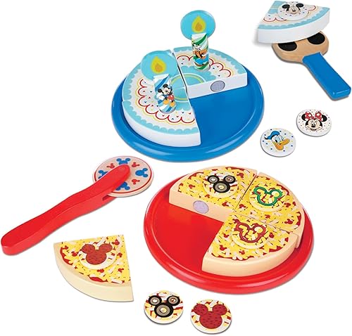 Melissa & Doug Mickey Mouse - Juego de pizza de madera y pastel de cumpleaños (32 piezas) - Play Food