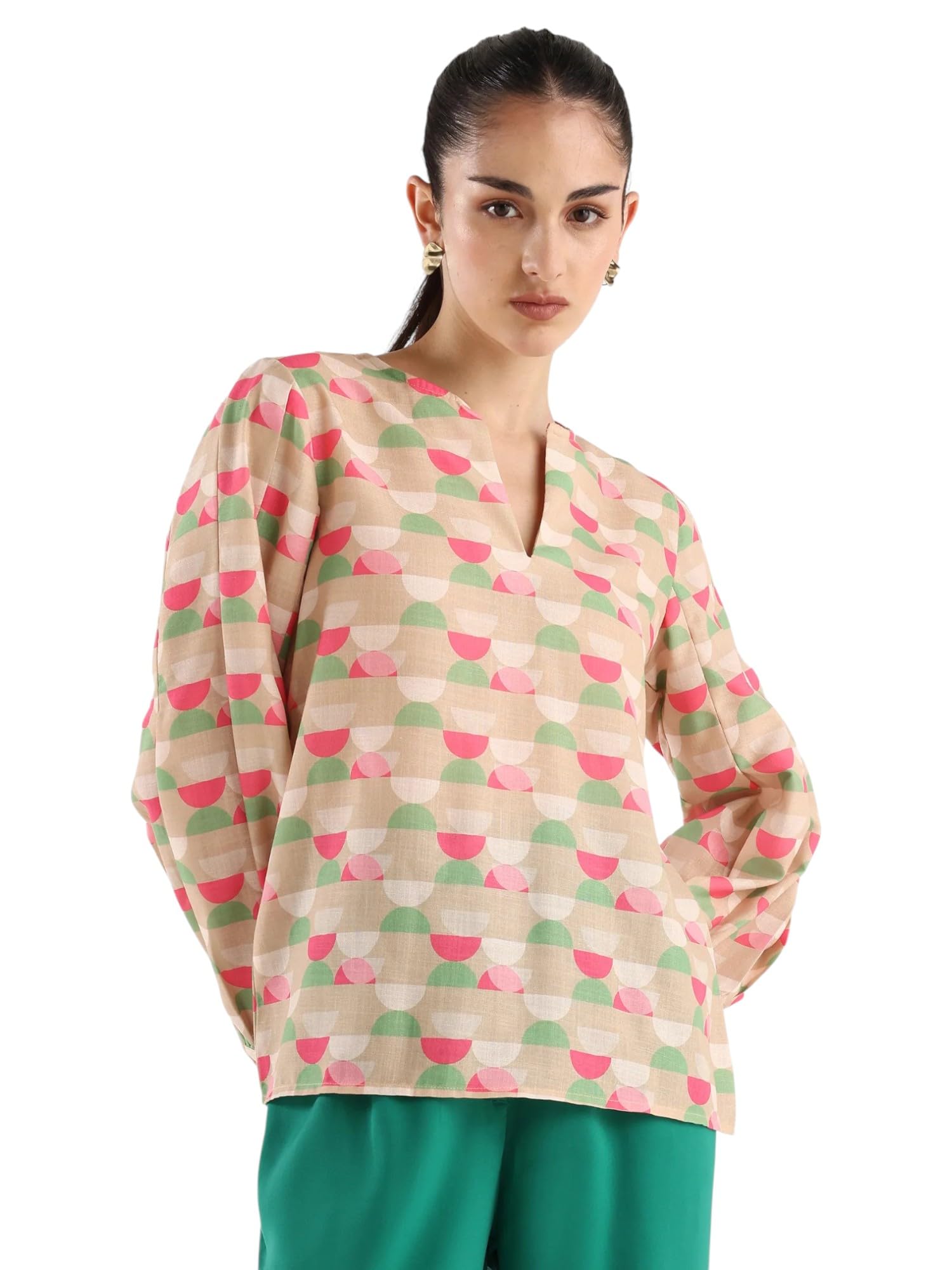 Women's Amaris Multi Linen V-Neck Geometric Print Bishop Sleeve Regular Fit Top-image-1