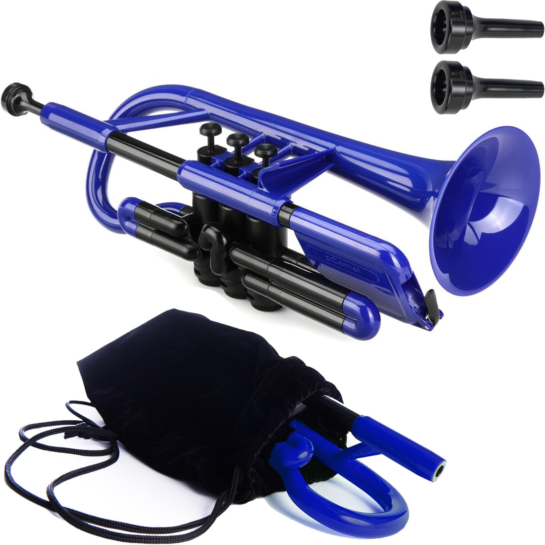 pInstrument pCornet Plastic Cornet - Mouthpieces and Carrying Bag - Lightweight, Versatile, Comfortable Ergonomic Grip - Bb Authentic Sound for Student & Beginner - Durable ABS Construction - Blue