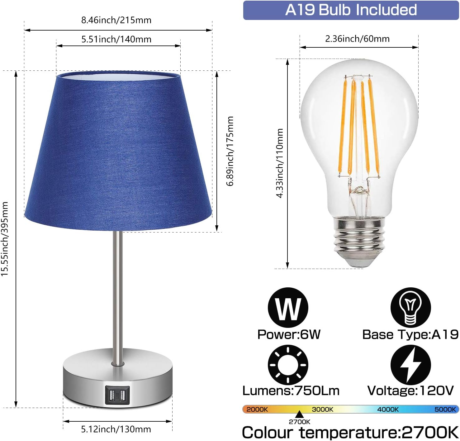 FAGUANGAO Touch Control Table Lamp Navy Blue,3 Way Dimmable Bedside Table Lamps with 2 USB Charging Ports,Nightstand Lamp for Bedroom,Living Room,Nursery Dorm,Office,Set of 2 (LED Bulb Included)