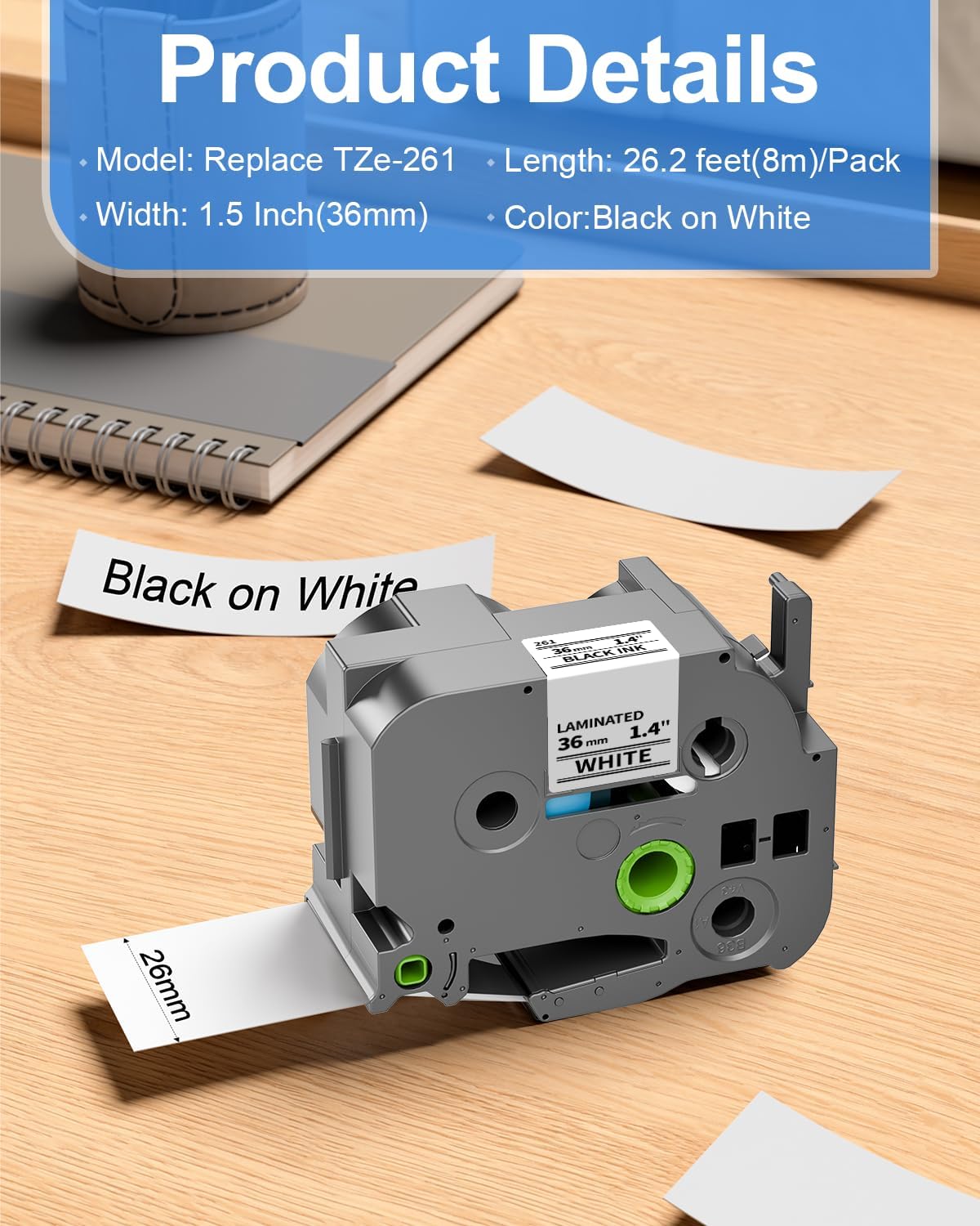TZe-261 Compatible with Brother P-Touch Label Tape Tze Tape 36mm 1.5 in Black On White TZ Laminated for PT-P910BT PT-950NW PT-9600 Label Maker Refills 36 mm, 1 1/2" x 26.2' (8m), 4-Pack