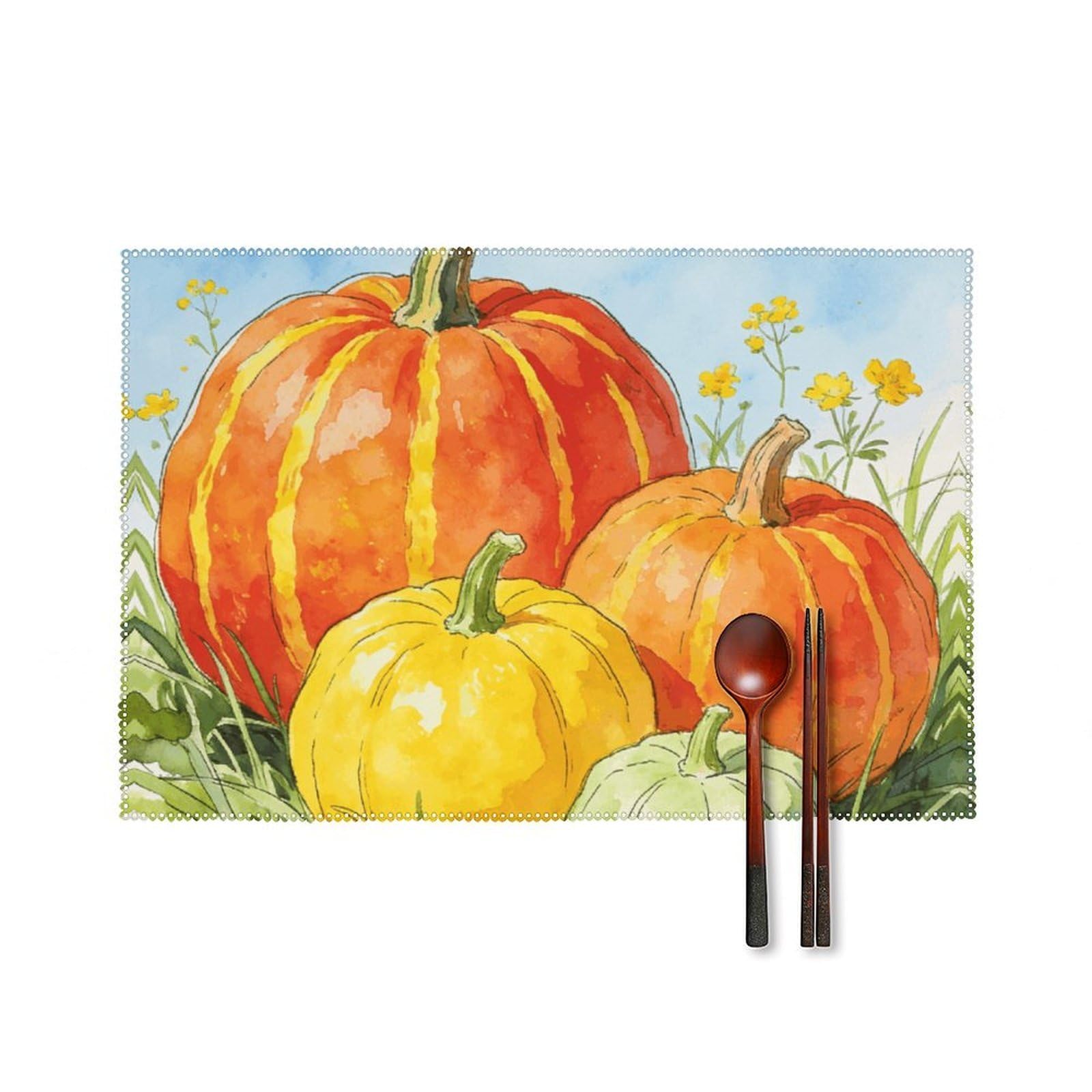 Fall Pumpkin Placemats Set of 6, 12x18 Inch Heat Resistant Washable Canvas Table Mats, Stain Resistant Decorative Dining Placemats for Kitchen, Restaurant, Outdoor Party