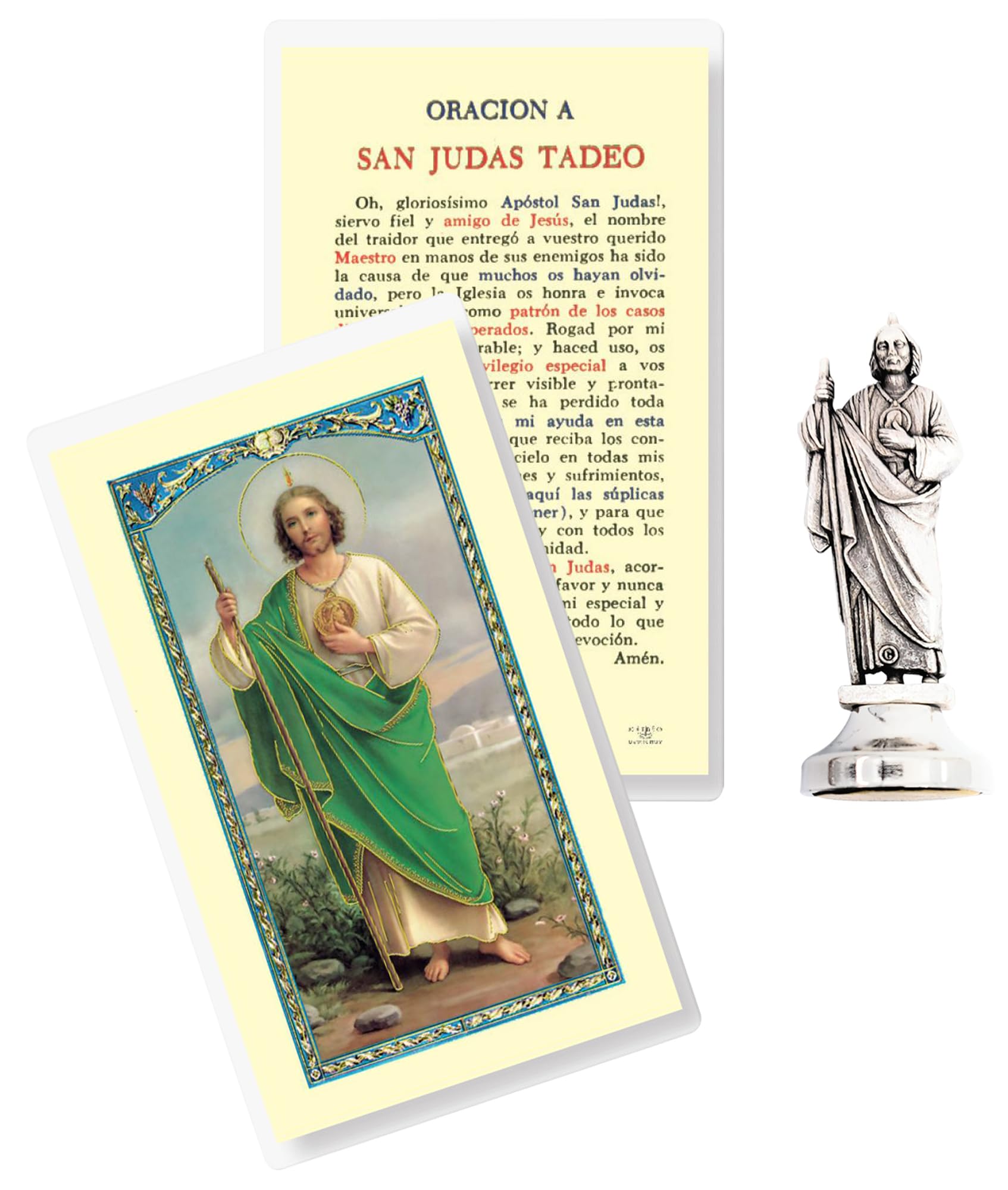 TrendzeenMini St Jude Statue (2 Inch) - San Judas Statue, Spanish Laminated St Jude Prayer Card - San Judas Tadeo Estatua for Car, Home Decor - St Jude Thaddeus, Patron Saint of Lost Causes Theme Set - 2 Items