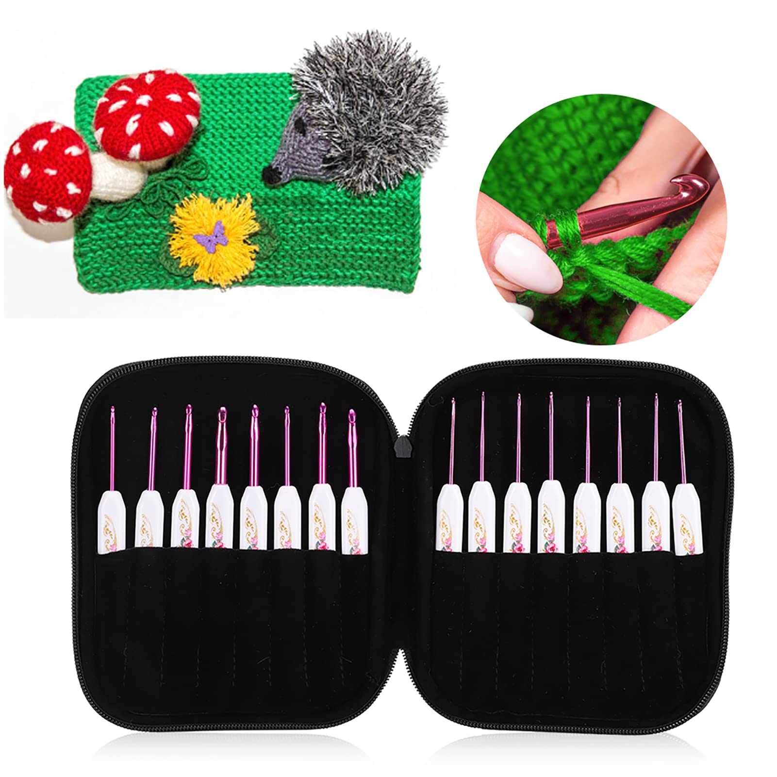QANYEGN 16 Pezzi Set di Ganci per Uncinetto, Gancio per Uncinetto in Alluminio con Borsa Portatile, Kit di Aghi per Uncinetto per Accessori da Cucito Fai da Te, Rosa