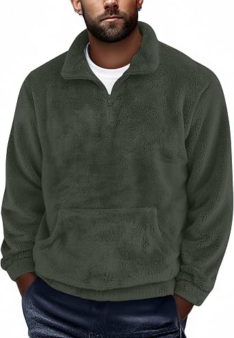 Mens Fuzzy Sherpa Sweatshirt Quarter Zip Pullover Fleece Winter Fall Warm Outerwear Casual Long Sleeve Tops