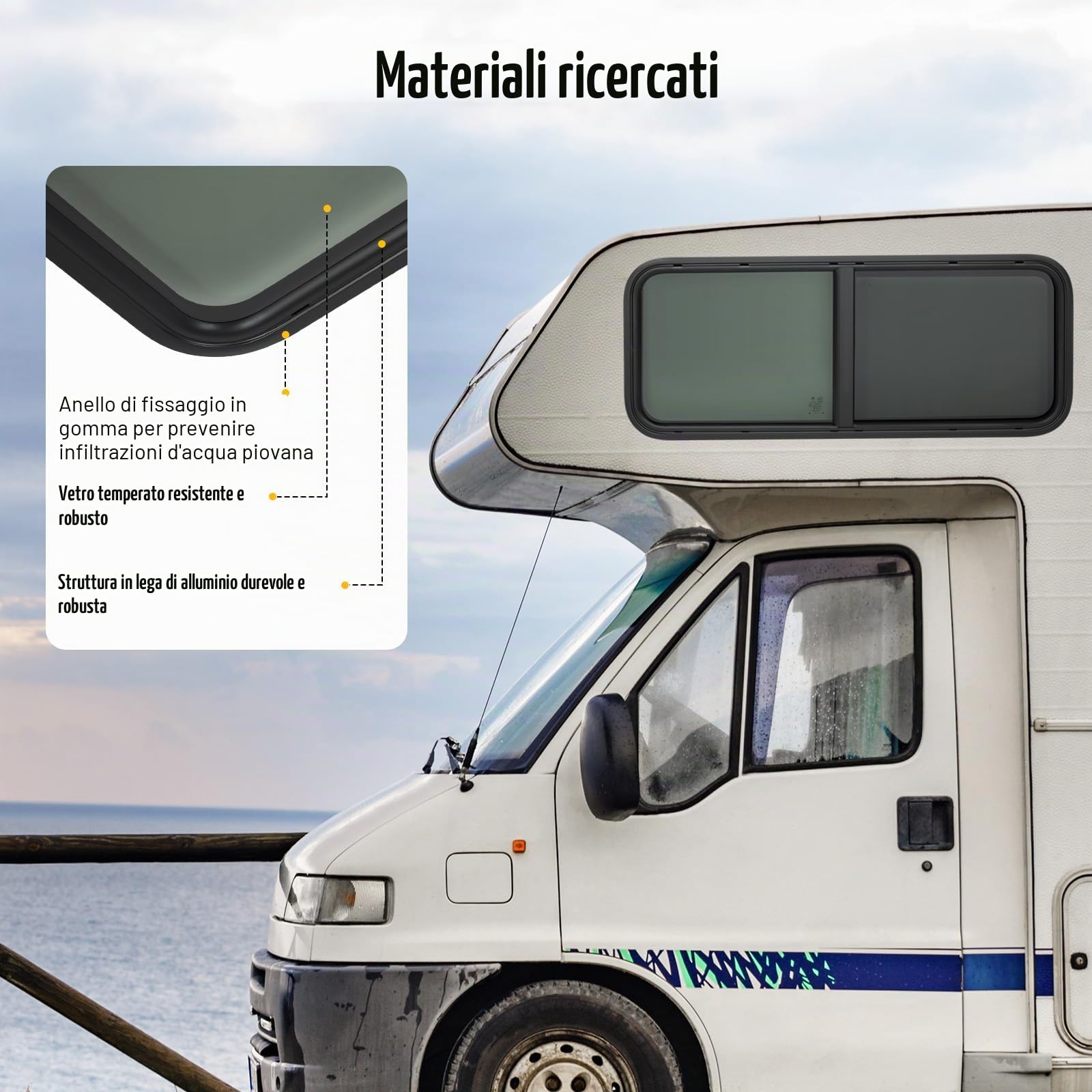 Finestra Con Zanzariera, 1000 X 400 Mm, Per Camper, Roulotte, Caravan, In Leggero Alluminio E Vetro Nero Temperato