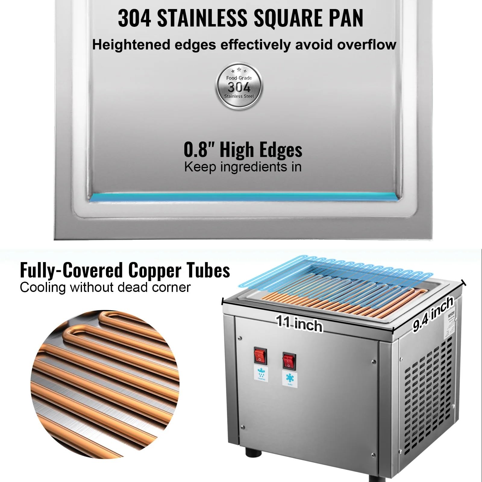 Máquina para hacer helados enrollados, máquina de helado de acero inoxidable con sartén de 35 x 25 cm, máquina de yogur para postres suaves y golosinas congeladas