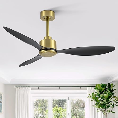 Miniatura 2 de Ventiladores de techo de 52 pulgadas sin luz, control remoto de ventilador de techo dorado y de 3 aspas negras, motor CC reversible silencioso,