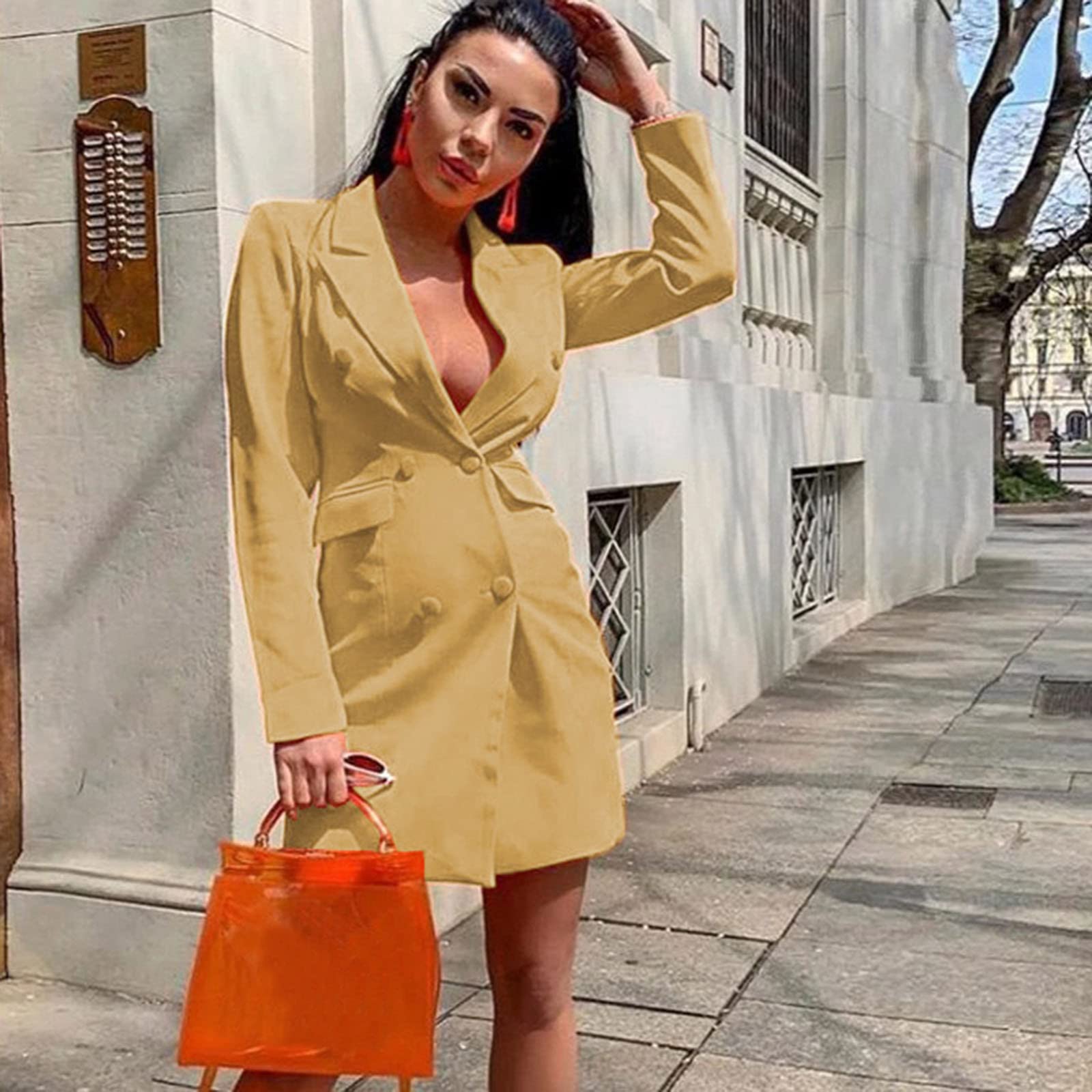 Generisch Blazer élégant pour femme - Couleur unie - Coupe ajustée - Double boutonnage - Manches longues