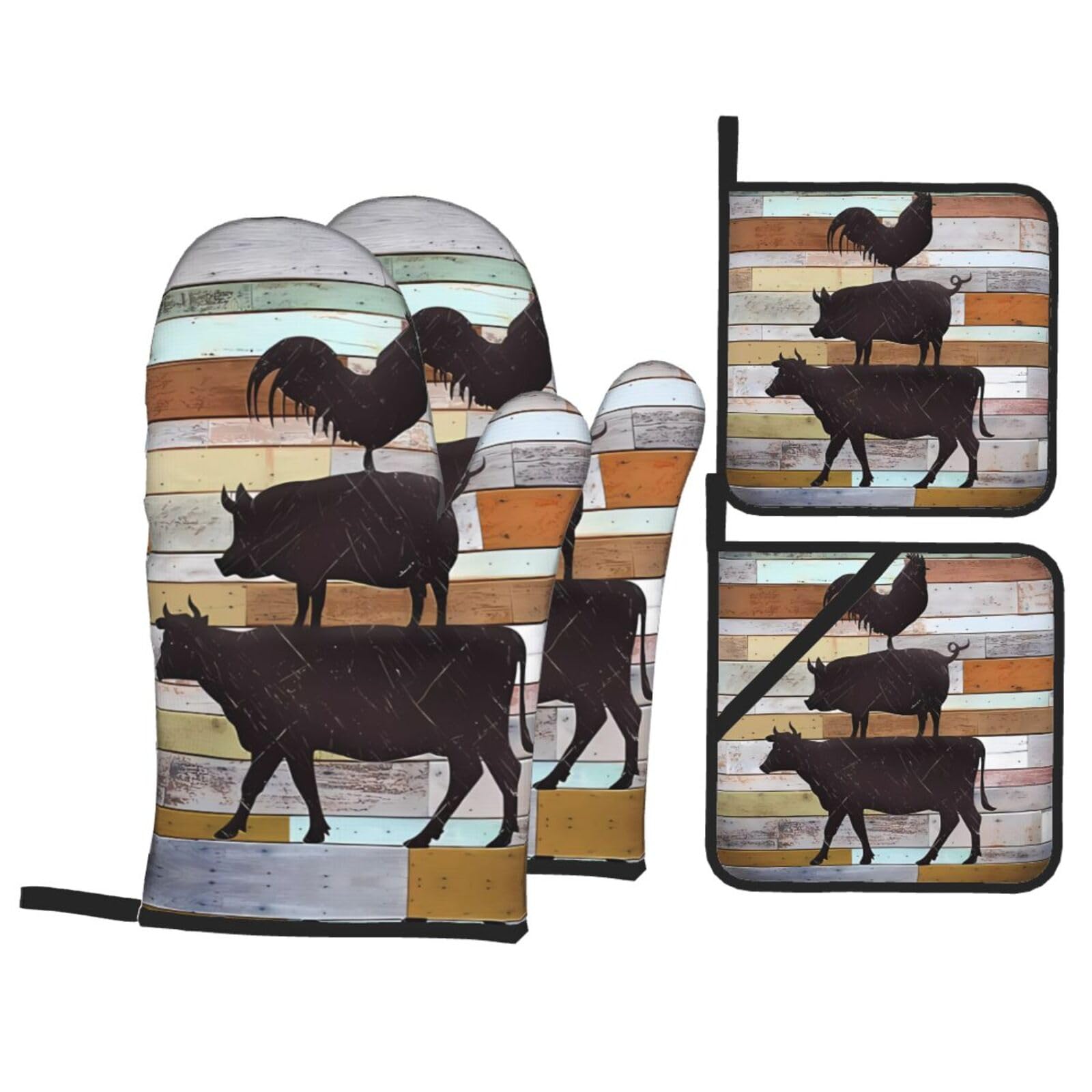 YYHHAOFA Cow Chicken and Pig Pattern Prints Kitchen Baking Set with Heat Resistant Pot Holders & Oven Mitts - Waterproof Layer for Hot Dishes, Grill & Microwave