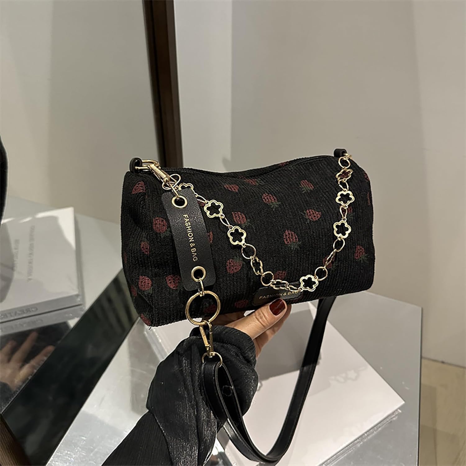 Cute Crossbody Bag for Women Strawberry Purse Corduroy Tote Bag Fashion Chain Aesthetic Handbags Travel Bags - Image 4