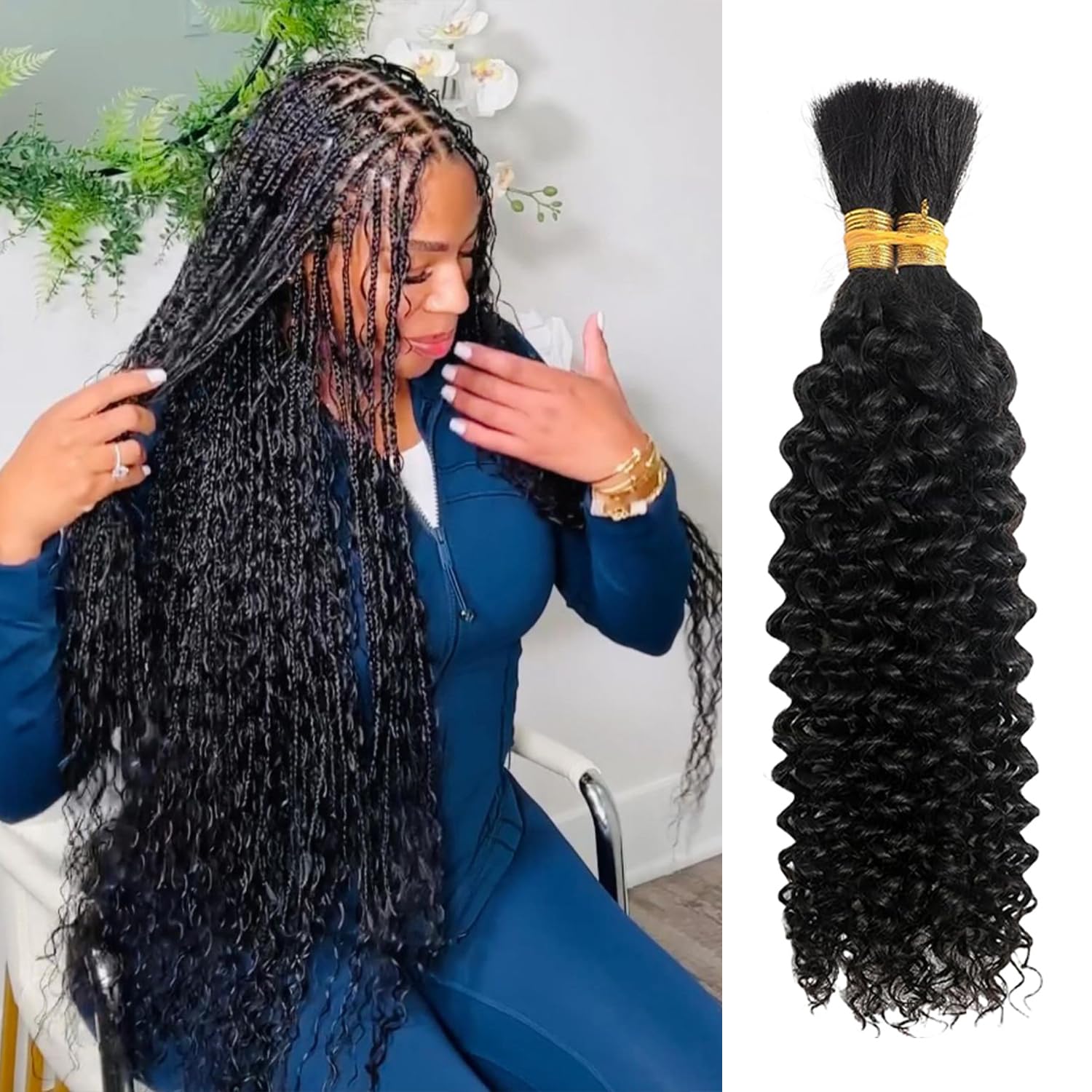 Curly Human Braiding Hair for Boho Braids Bohemian 20 inch Water Wave Bulk 100% Human Hair for Micro Braiding Hair Wet and Wavy Boho Knotless Braids Hair No Weft 2 Bundles 100g Natural Color