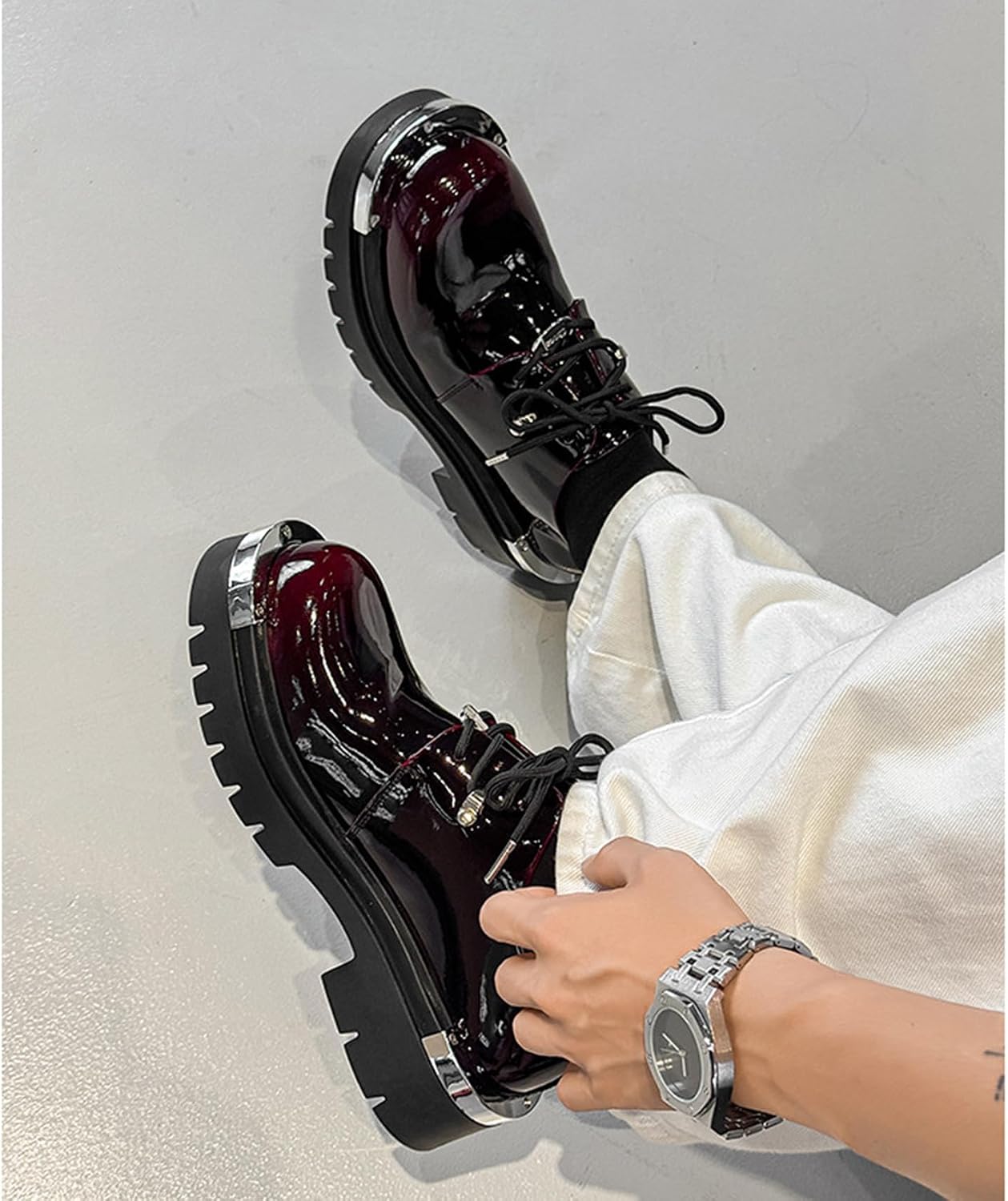 Men's Patent Leather Gradient Metal-Plate Platform Oxfords Wide Round Toe Lace Up Non Slip Lug Sole Heighten Derby Shoes Casual Business Dress Shoes