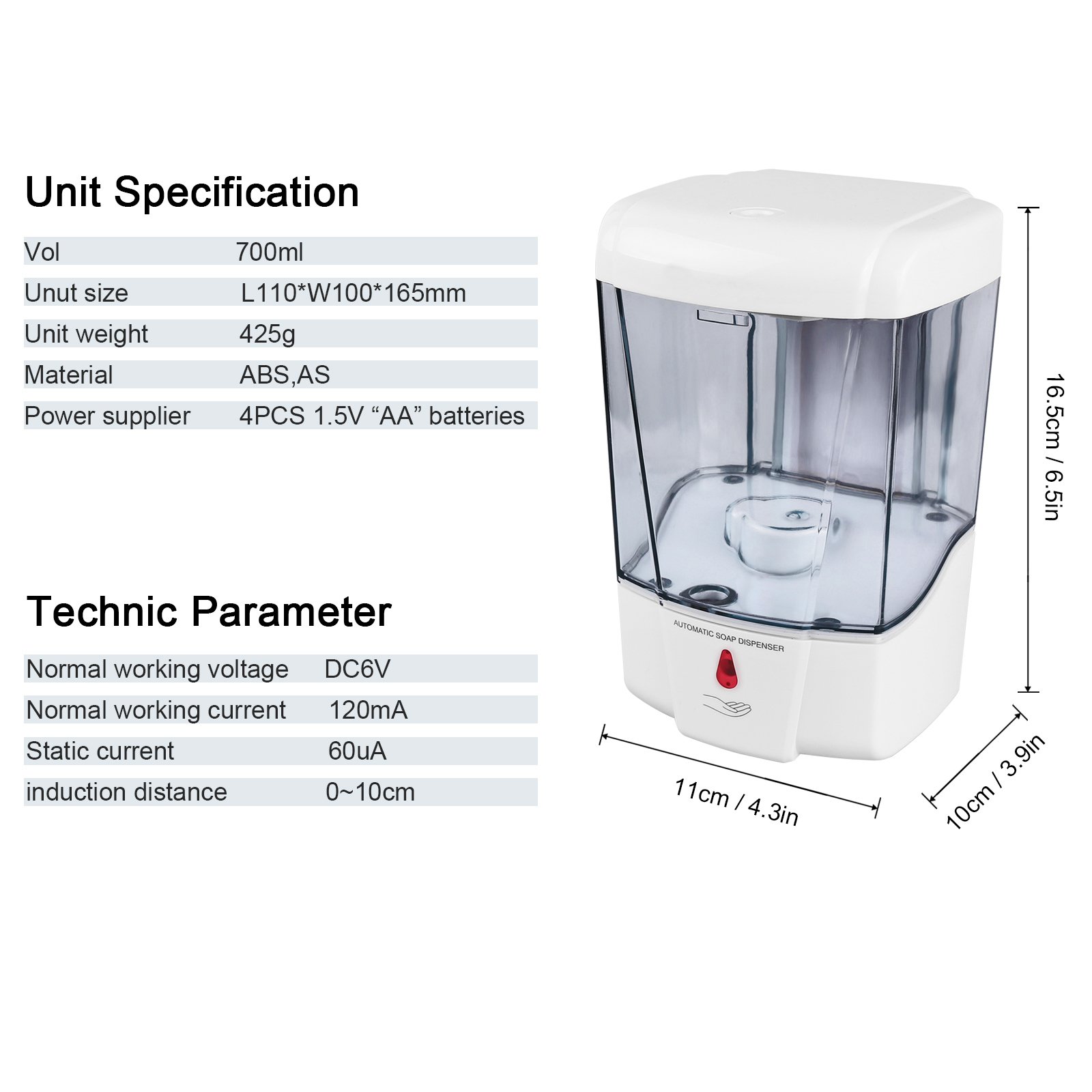 Dispenser di Detergente Disinfettante per Le Mani con Sensore Touchless Automatico per Erogatore di Sapone da 700 Ml Montato A Parete per La Cucina del Bagno 700ml
