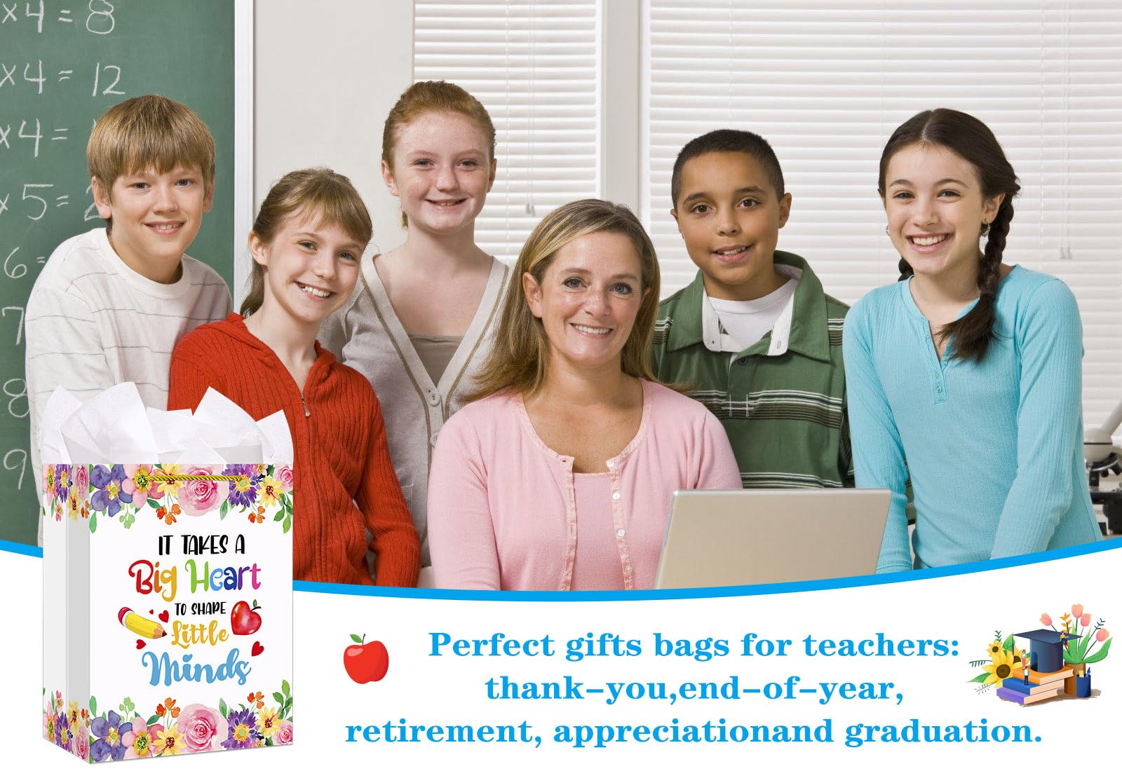 WhatSign Teacher Appreciation Gift Bags - 11.5" Teacher Retirement Gift Bag with Handle Thank You Teachers End of Year Teachers Gifts Wrap Bags with Tissue Paper