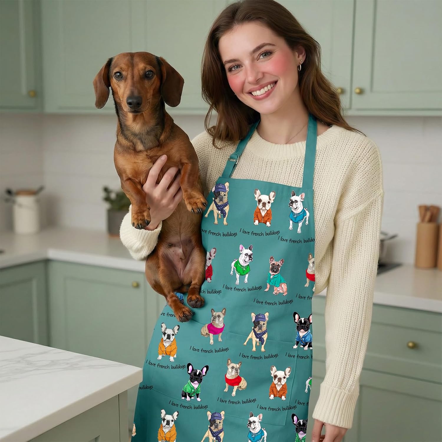 French Bulldog Aprons for Dog Lover, Adjustable Neck Strap Kitchen Chef Apron