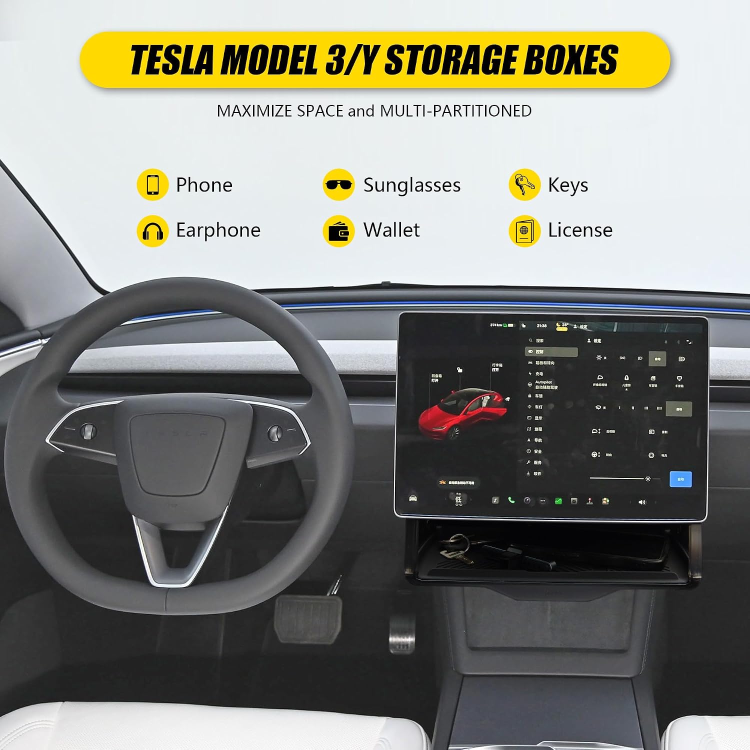 Under Screen Storage for Tesla Model Y/3, Open and Close Hideable Center Console Organizer Tray for Tesla Model 3 Tesla Model Y 2025 2024 2023 2022 2021 2020 2019 2018 2017 2016