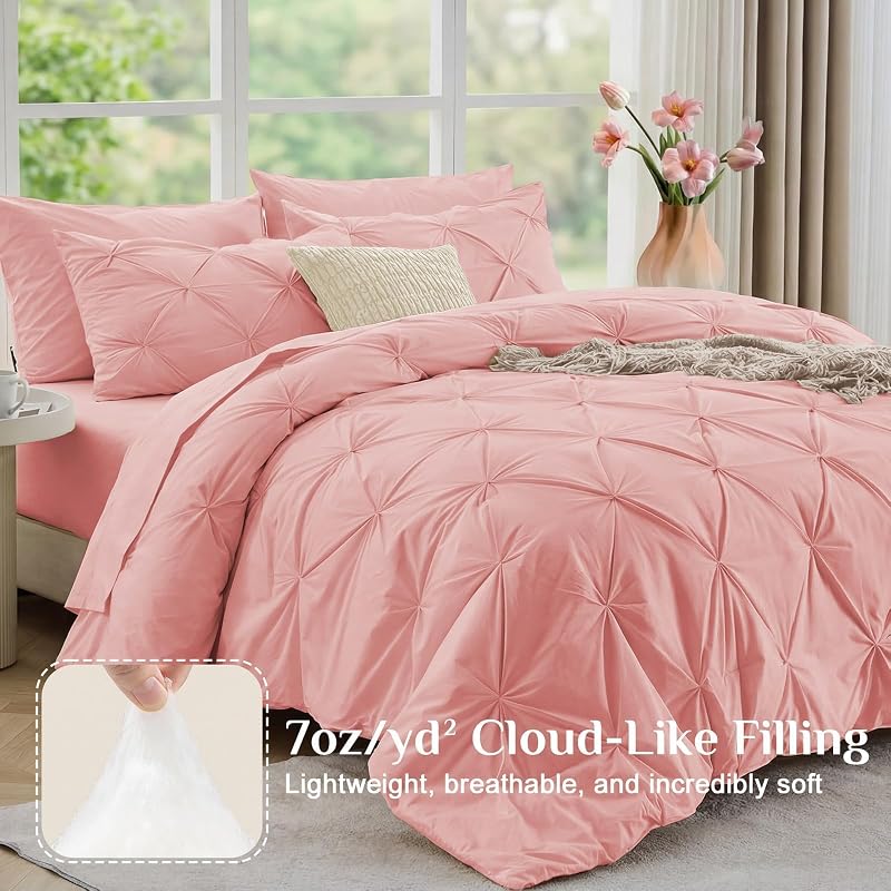 JOLLYVOGUE Queen Comforter Set 7 Pieces - Bed in a Bag Queen for All Season, Pintuck Bedding Comforter Sets with Comforter, Flat Sheet, Fitted Sheet and Pillowcases & Shams, Pink image 4