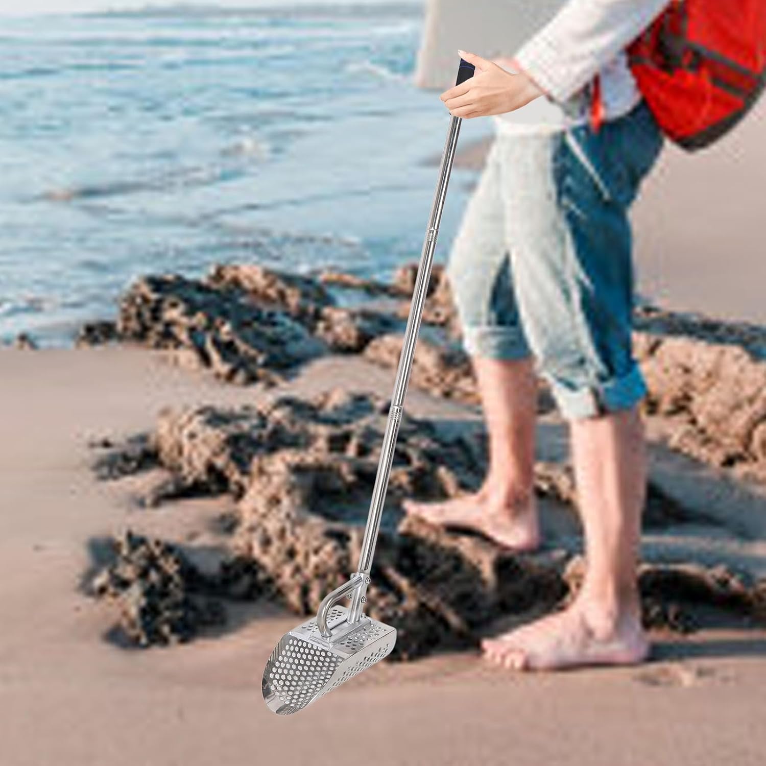 Luocute Sand Shovel for Metal Detecting, Stainless Steel Detachable Handle Fast Sifting Short Beach Sand Sifter Scoop, Suitable for Treasure Detecting